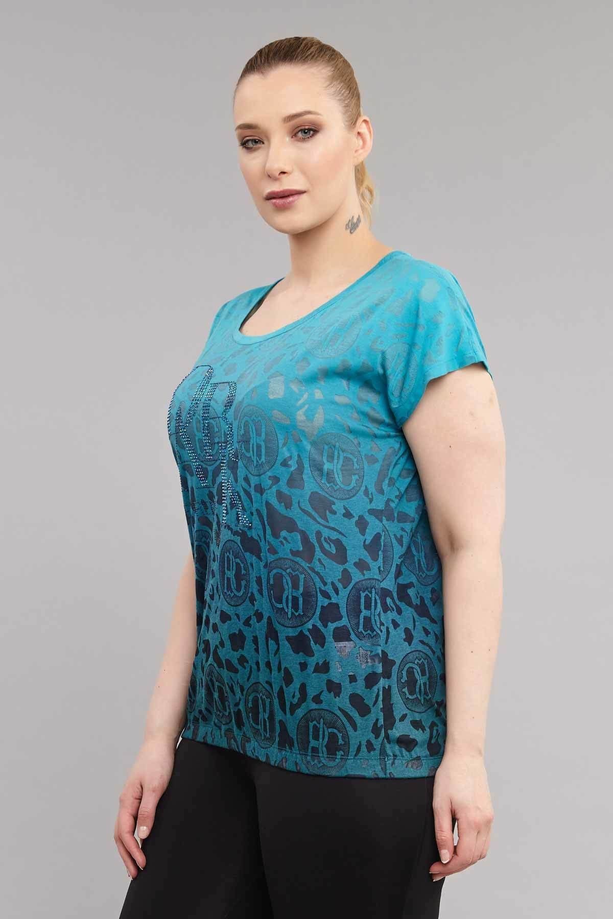 bilcee Mavi Büyük Beden Pamuk/Poly  Kadın  T-Shirt ES-4223