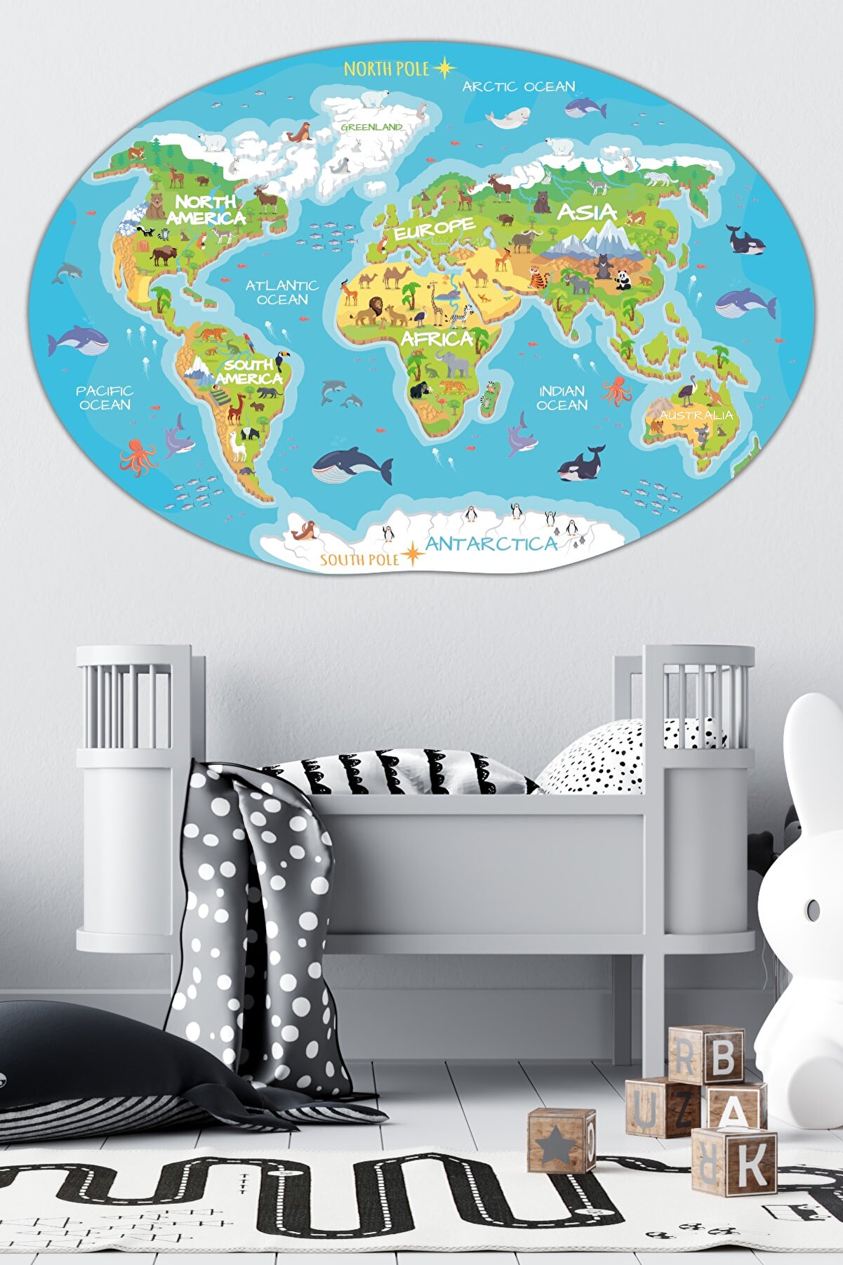 Tilki Dünyası Eğitici Dünya Haritası Oval Model 2 Çocuk Odası Duvar Sticker
