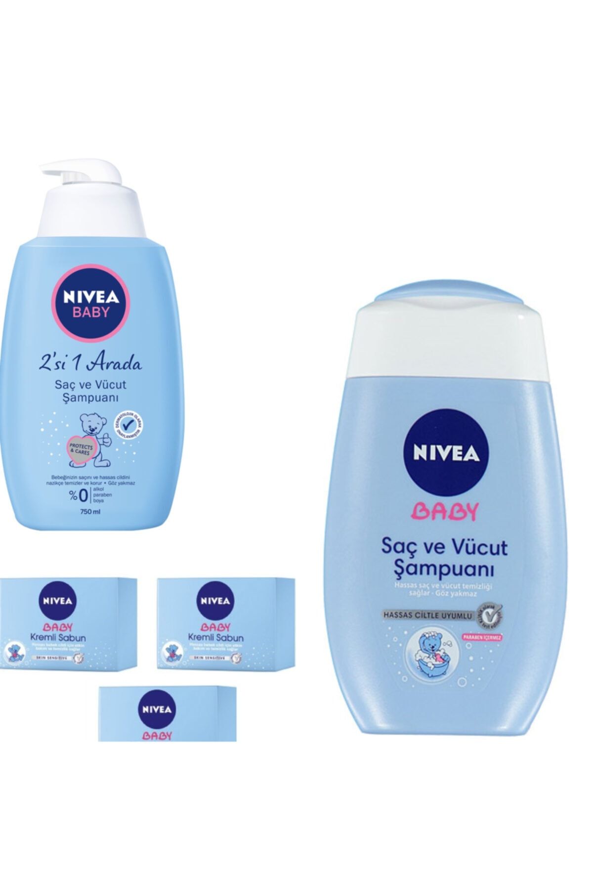 NIVEA Baby Saç Ve Vücut Şampuanı 750 Ml + Şampuan 200 Ml + Krem Sabun 3 Adet