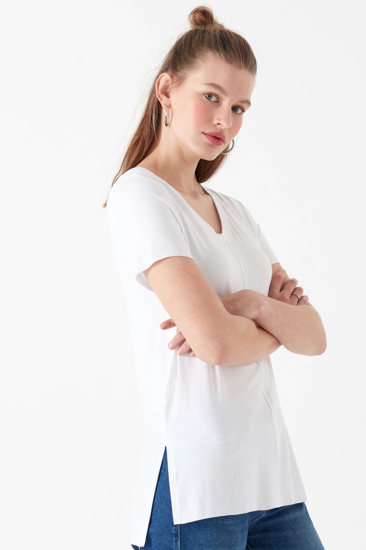 Mavi Kadın V Yaka Beyaz Basic T-Shirt 166775-620