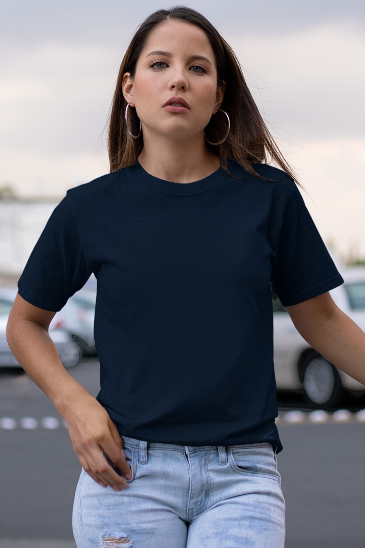ROCKANDROLL Düz, Baskısız Basic Lacivert Kısa Kollu Kadın T-shirt