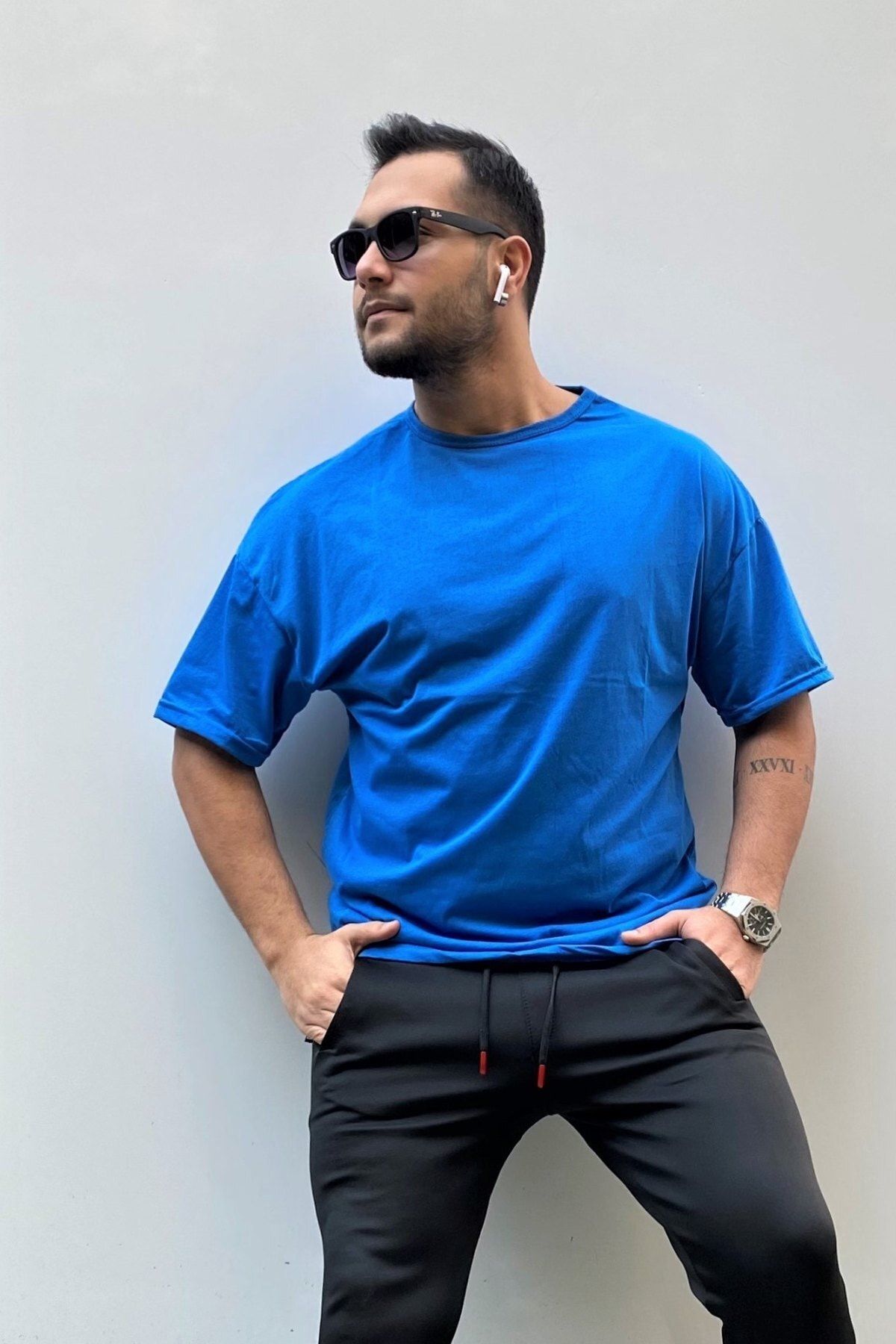 VİP LOKAL Erkek Mavi Oversize Basic T-shirt