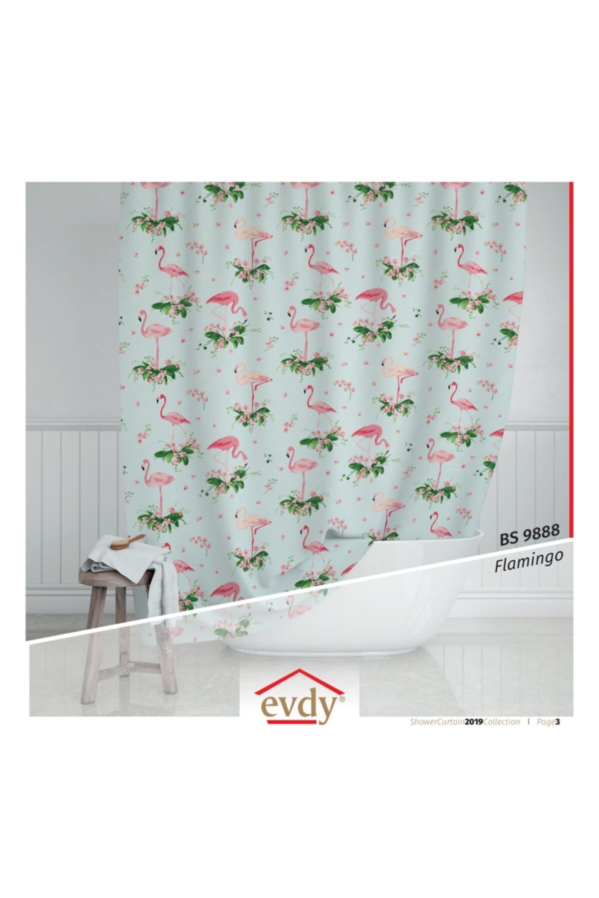 Evdy Duş Perdesi Çamaşır Makinesi Örtüsü Takım 9888 Flamingo Çift Kanat 2x100x200cm
