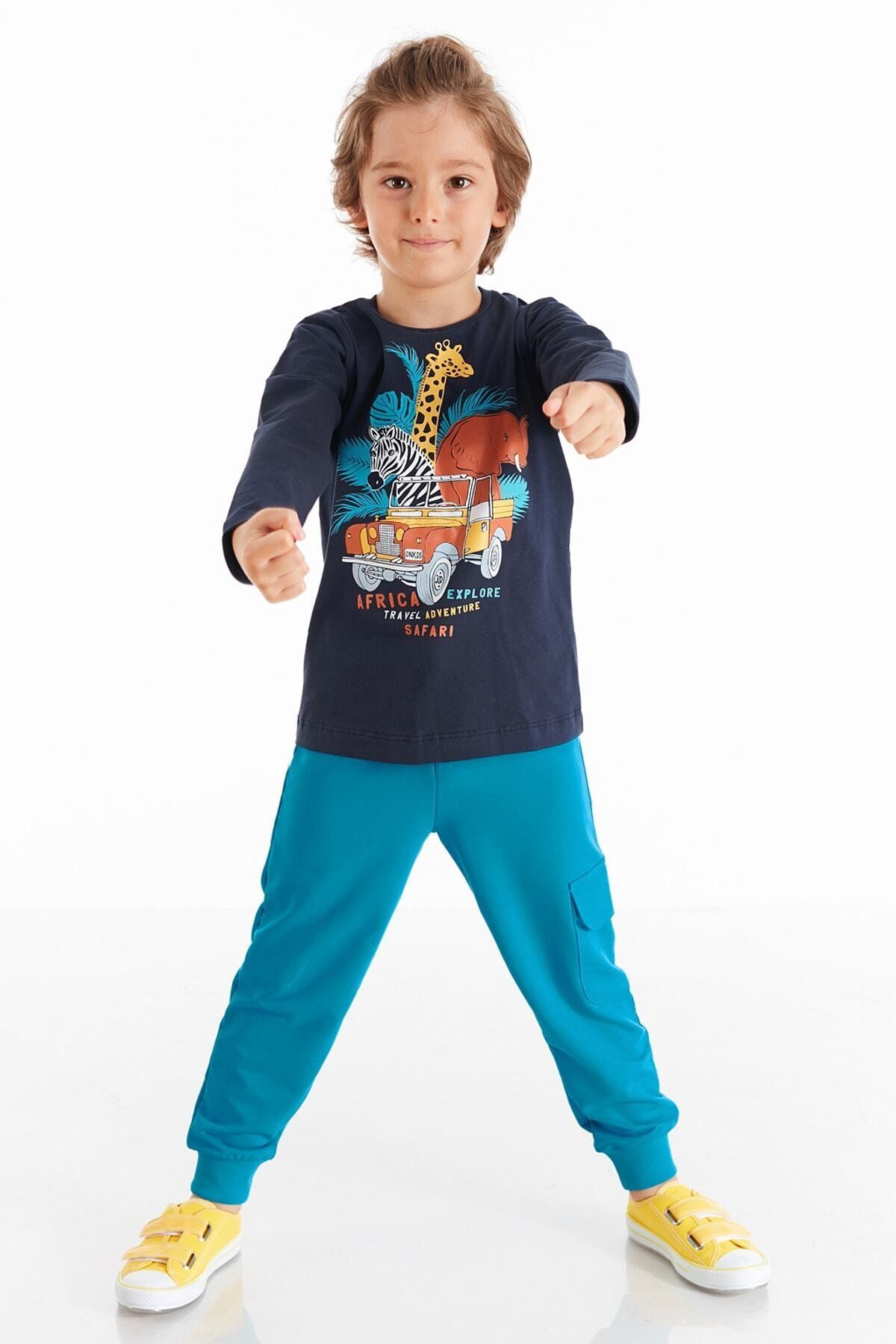 Denokids Erkek Çocuk  Mavi Safari Pantolon Takım