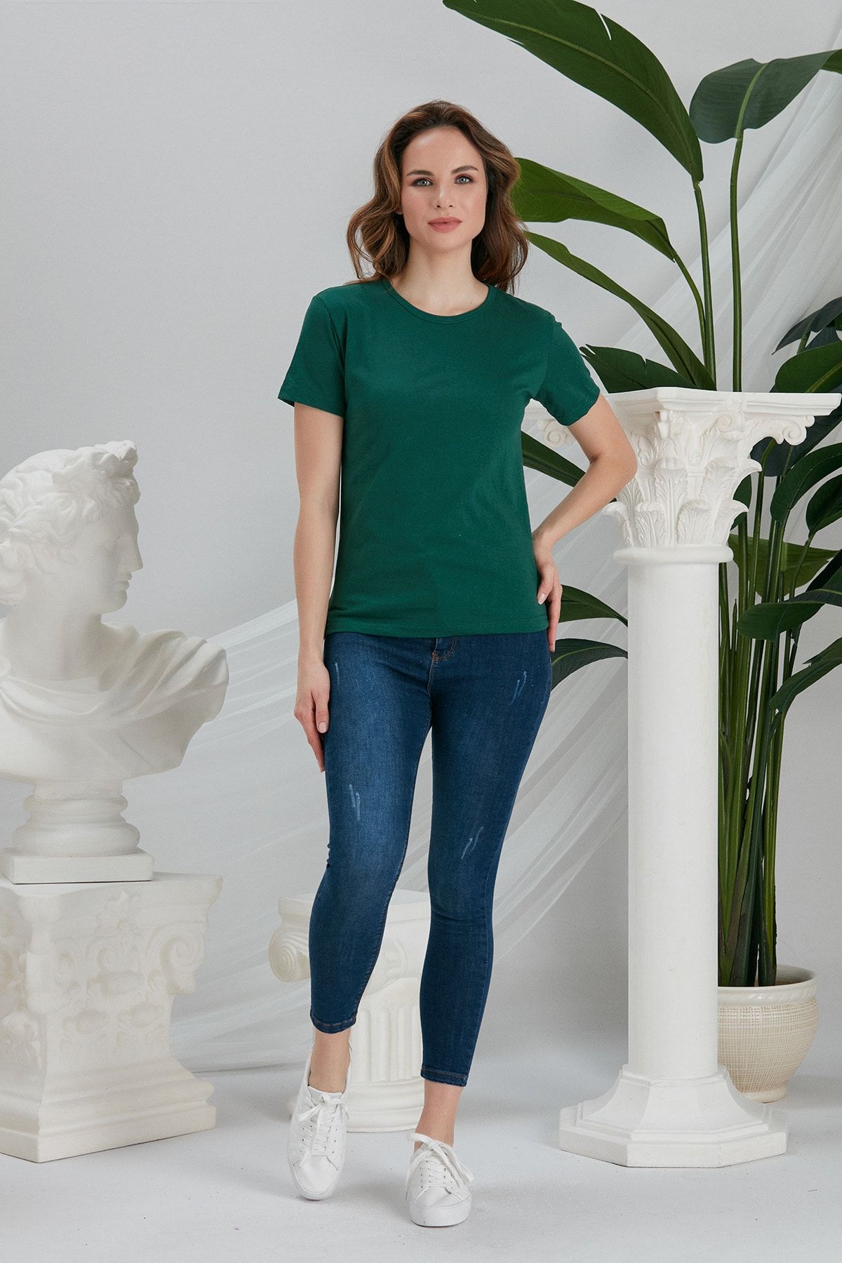 CATSPY Kadın Koyu Yeşil Basic Örme T-shirt