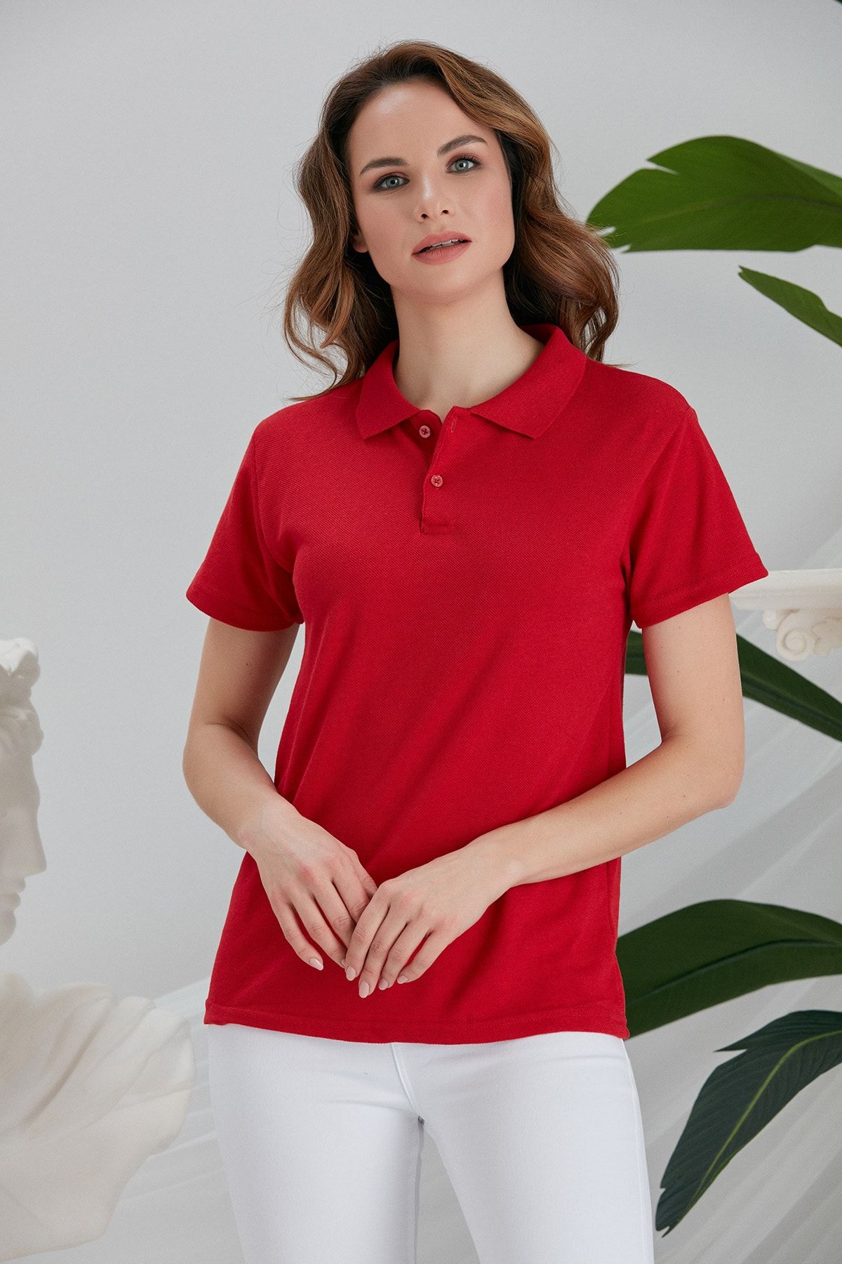 CATSPY Kadın Kırmızı Örme Basic Kısa Kollu Polo Yaka Tişört