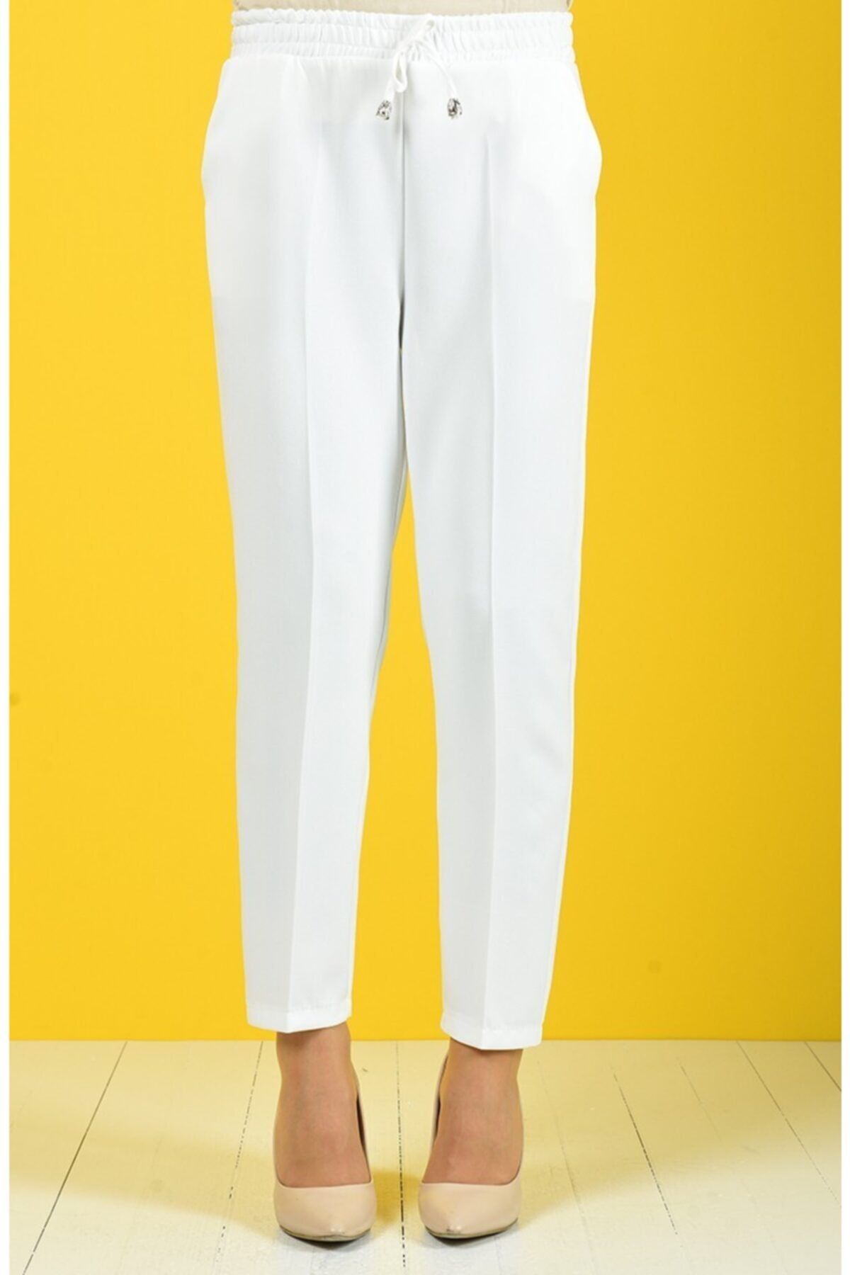 Essah Moda Kadın Beyaz Lastikli Havuç Pantolon - Me000274