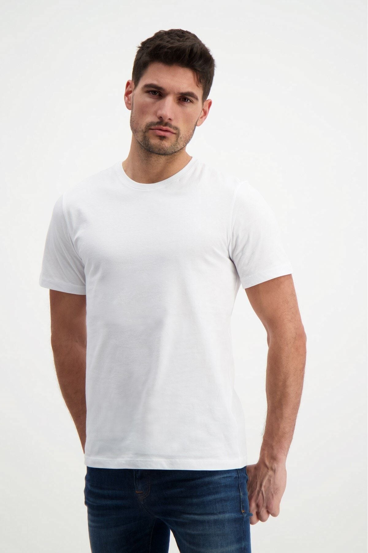 Genel Markalar Erkek Beyaz Bisiklet Yaka Slim Fit Basic T-shirt