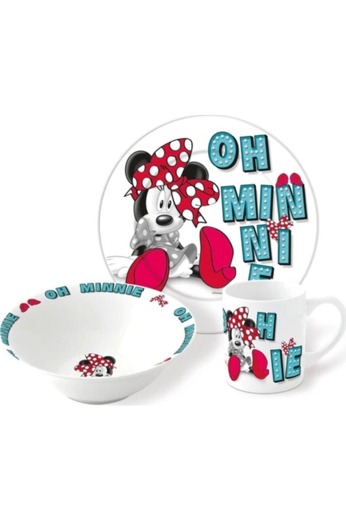 DİSNEY Minnie Mouse 3lü Porselen Tabak Bardak Kase Çoçuk Mama Seti