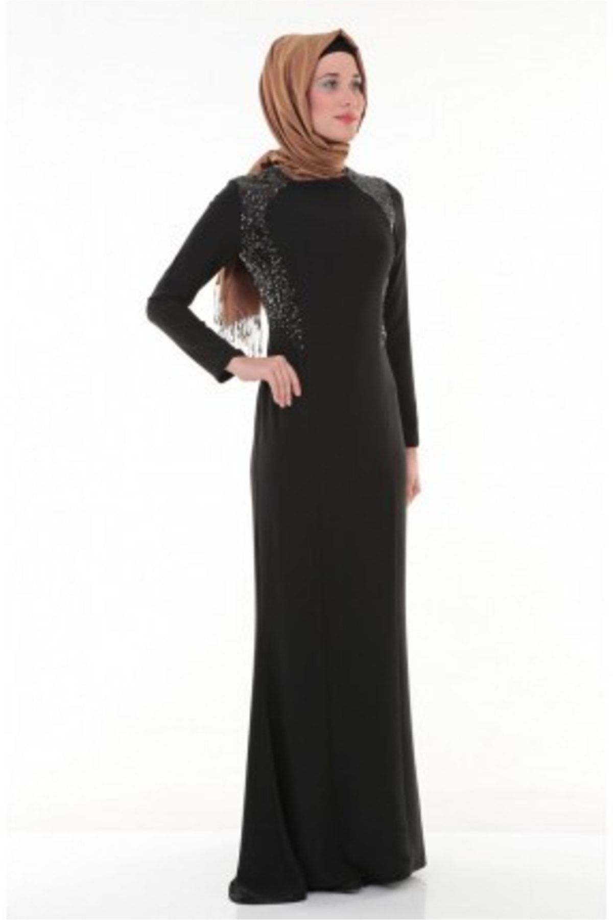 Nidya Moda Tesettür Kadın Siyah Pullu Payet Abiye Elbise-4048ps