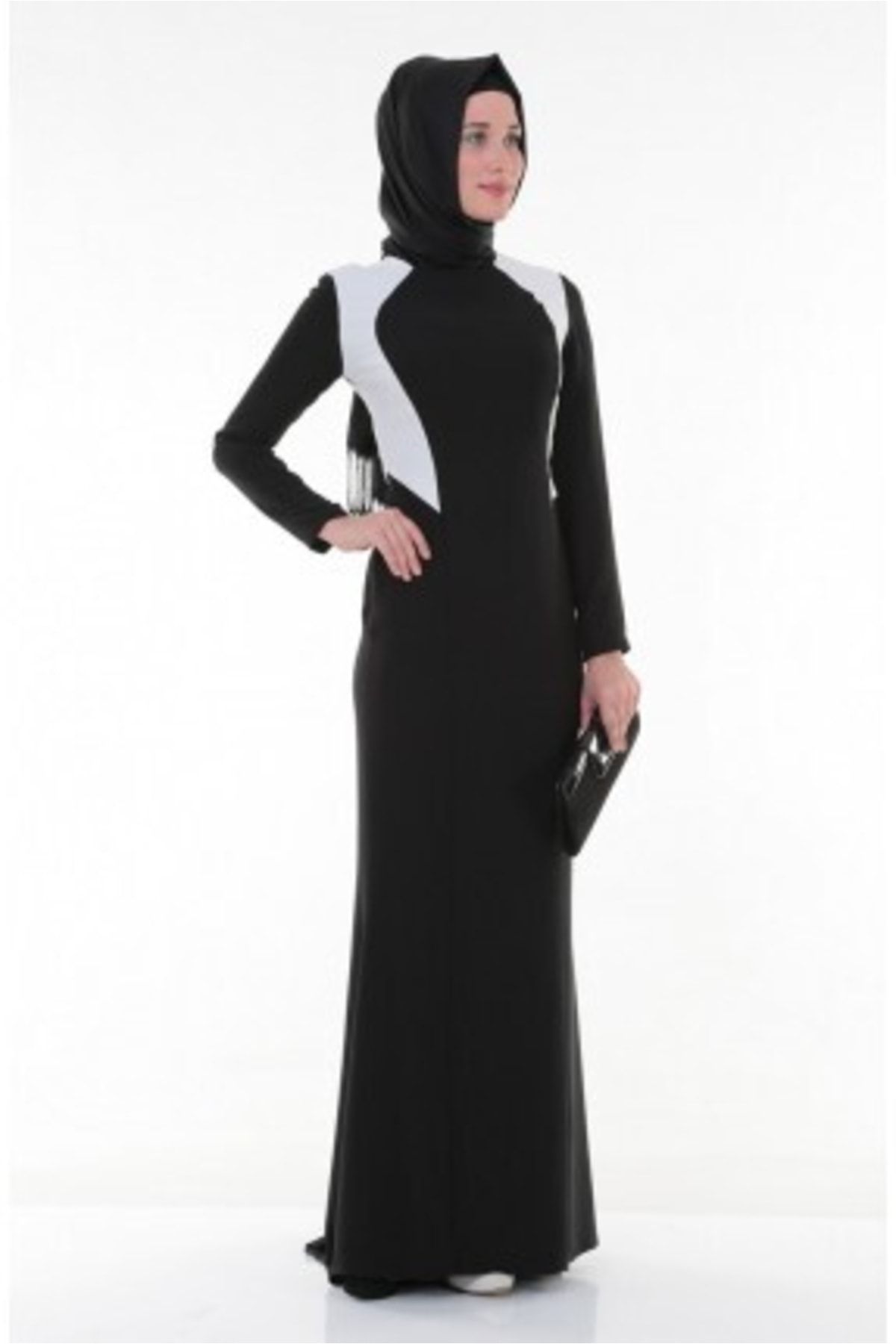 Nidya Moda Kadın Siyah Tesettür Krep Abiye Elbise 4048ks
