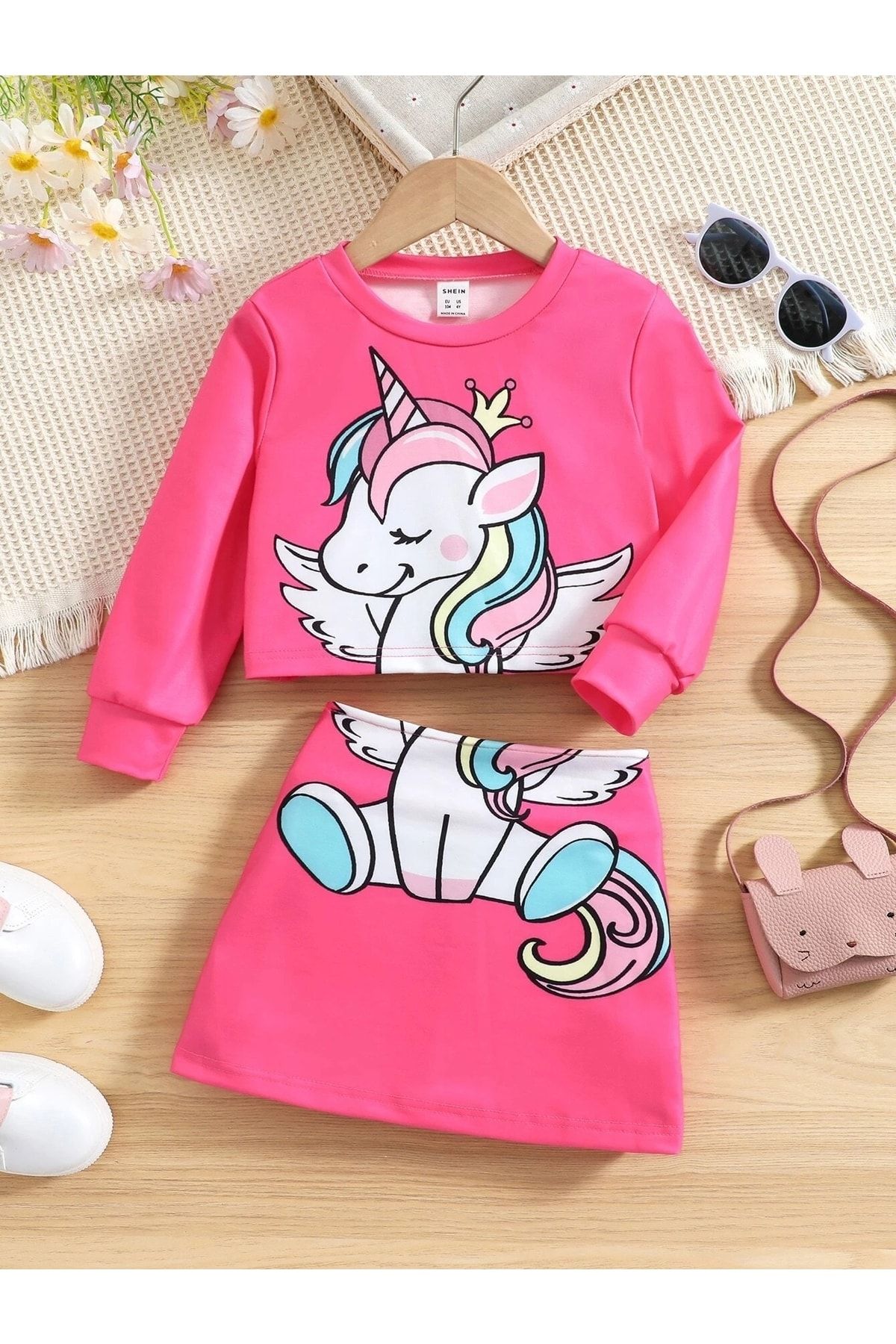 Know Kız Çocuk Pamuklu Fuşya Unicorn Baskılı Sweatshirt Etekli Takım