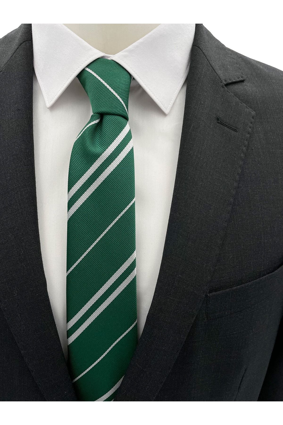 Brianze Yeşil Beyaz Çizgili Slim Kravat