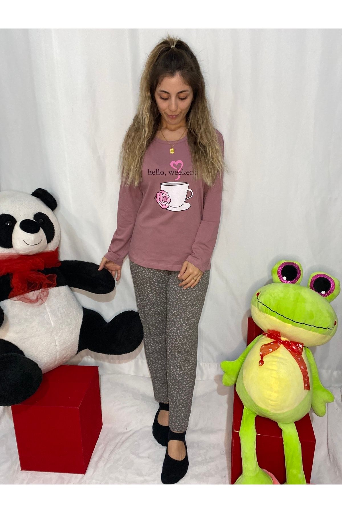 CARMEN Kahve Fincanı Desenli Kadın Mor Penye Pijama Takımı