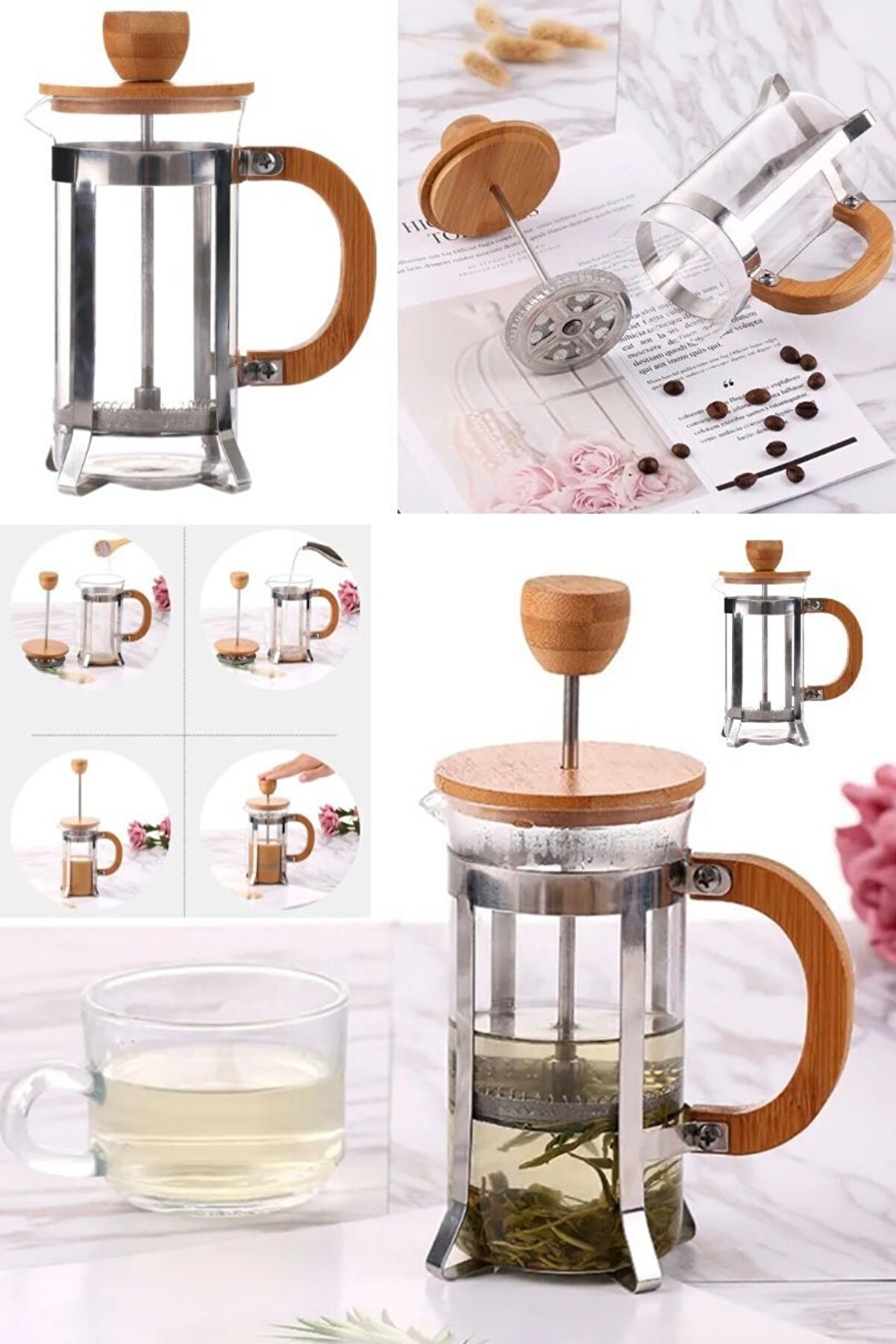 Utelips French Press Çevre Dostu Bambu Kapak Kahve Dalgıç Çay Makinesi