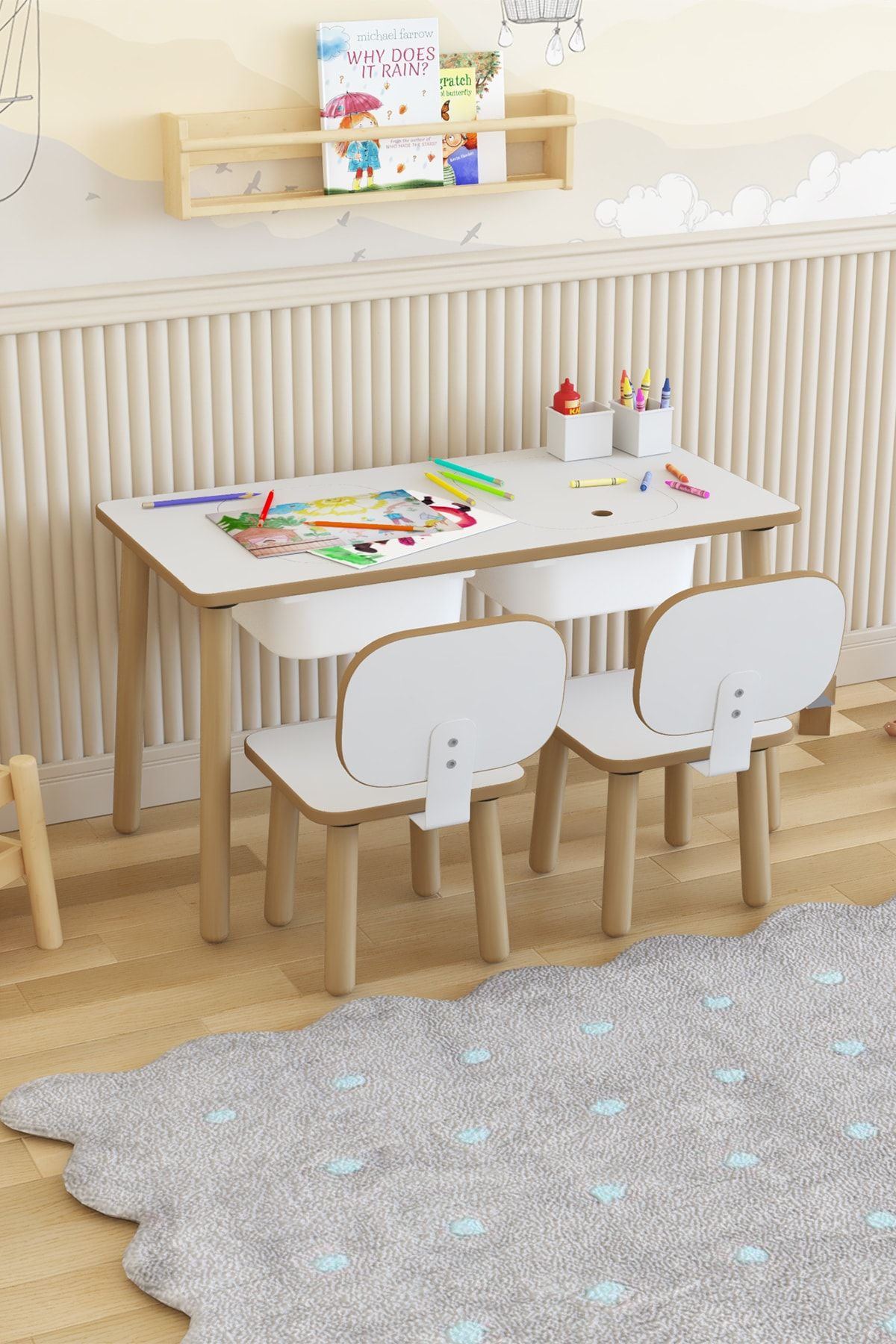POFİTTO Montessori Çocuk Masası-oyun Masası-aktivite Masası-çalışma Masası-etkinlik Masası 2 Sandalye