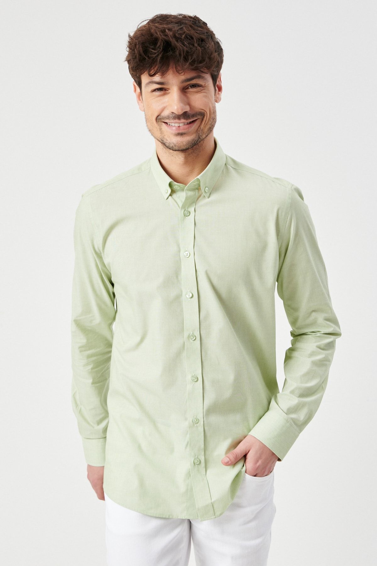 Altınyıldız Classics Erkek Yeşil Slim Fit Dar Kesim Düğmeli Yaka Desenli Gömlek
