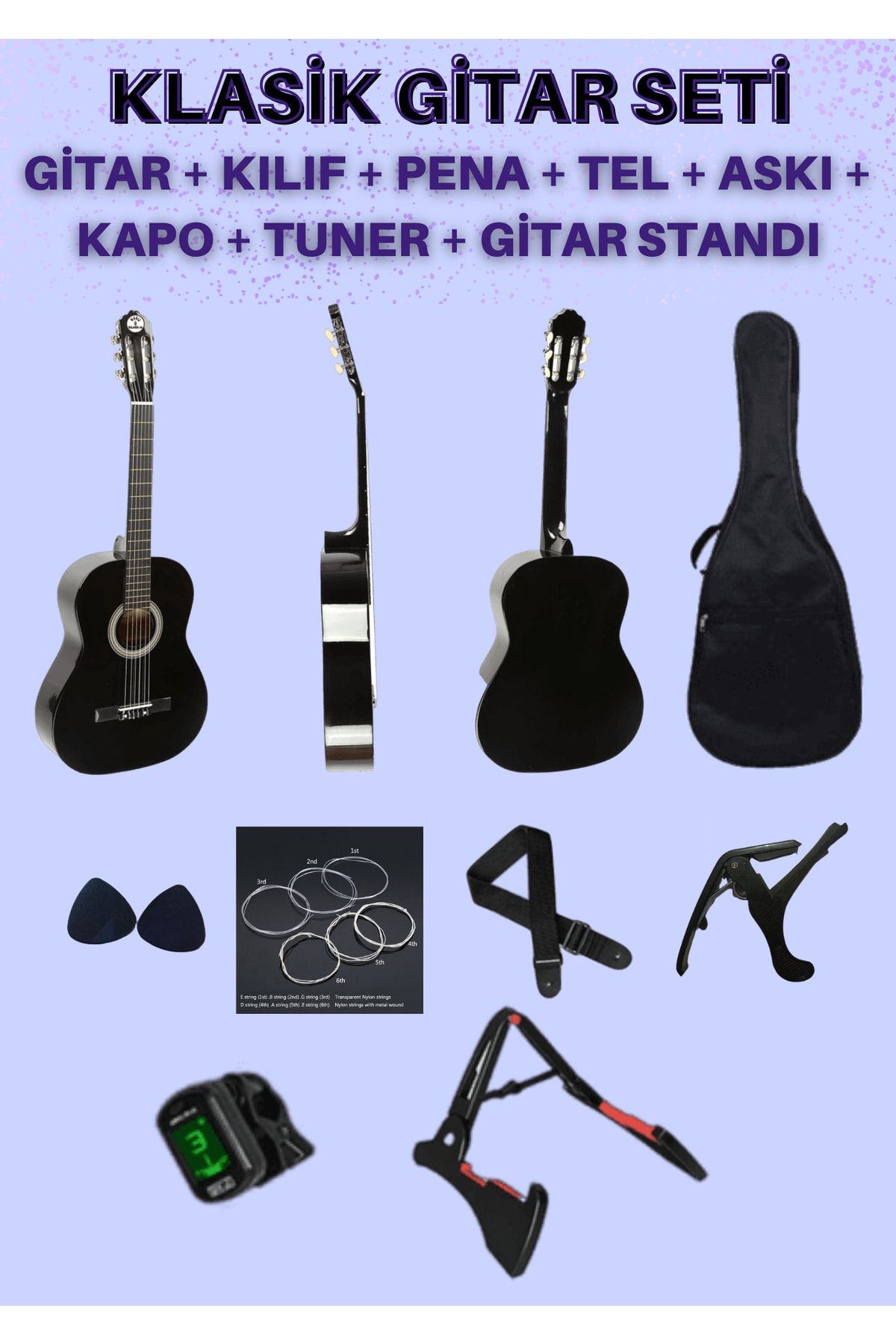 Genel Markalar Siyah Tam Boy 4/4 Klasik Gitar 8'li Set Içten Sap Ayarlı