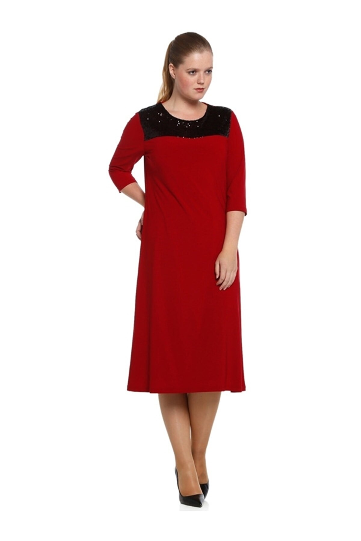 Nidya Moda Kadın Kırmızı Roba Pullu Payet Büyük Beden Abiye Elbise-4055k