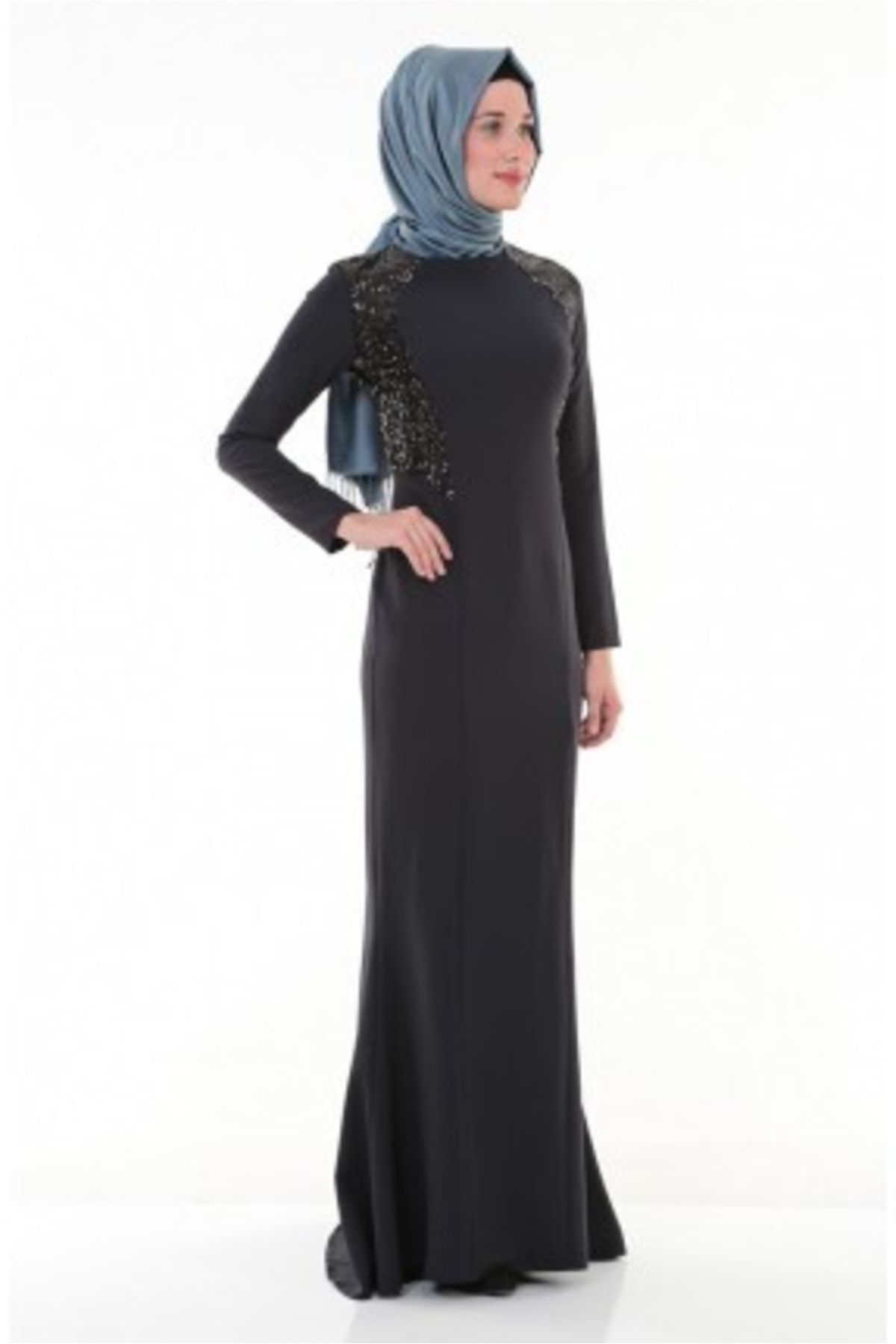 Nidya Moda Tesettür Kadın Lacivert Pullu Payet Kombinli Abiye Elbise-4048pl