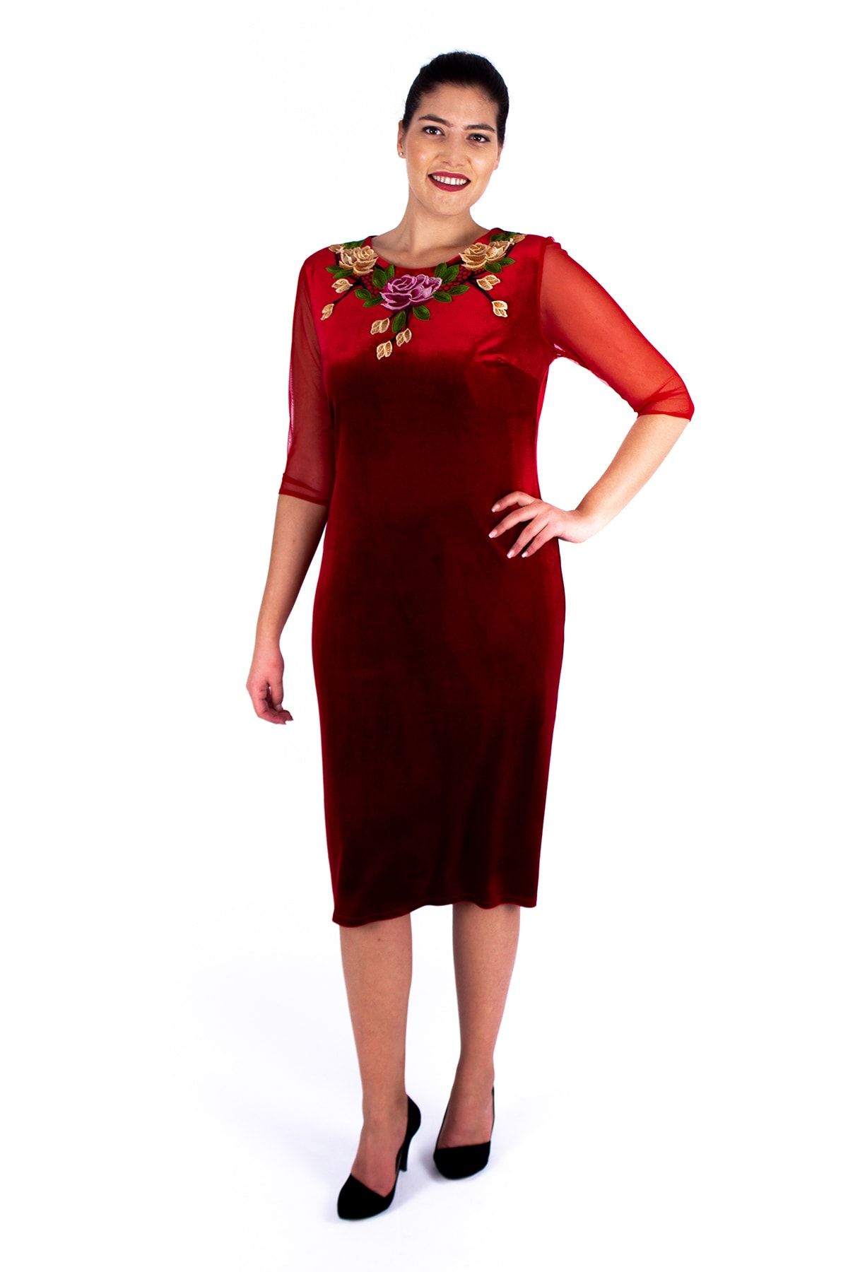 Nidya Moda Büyük Beden Tül Kol Çiçekli Yaka Kırmızı Kadife Abiye Elbise 4125k
