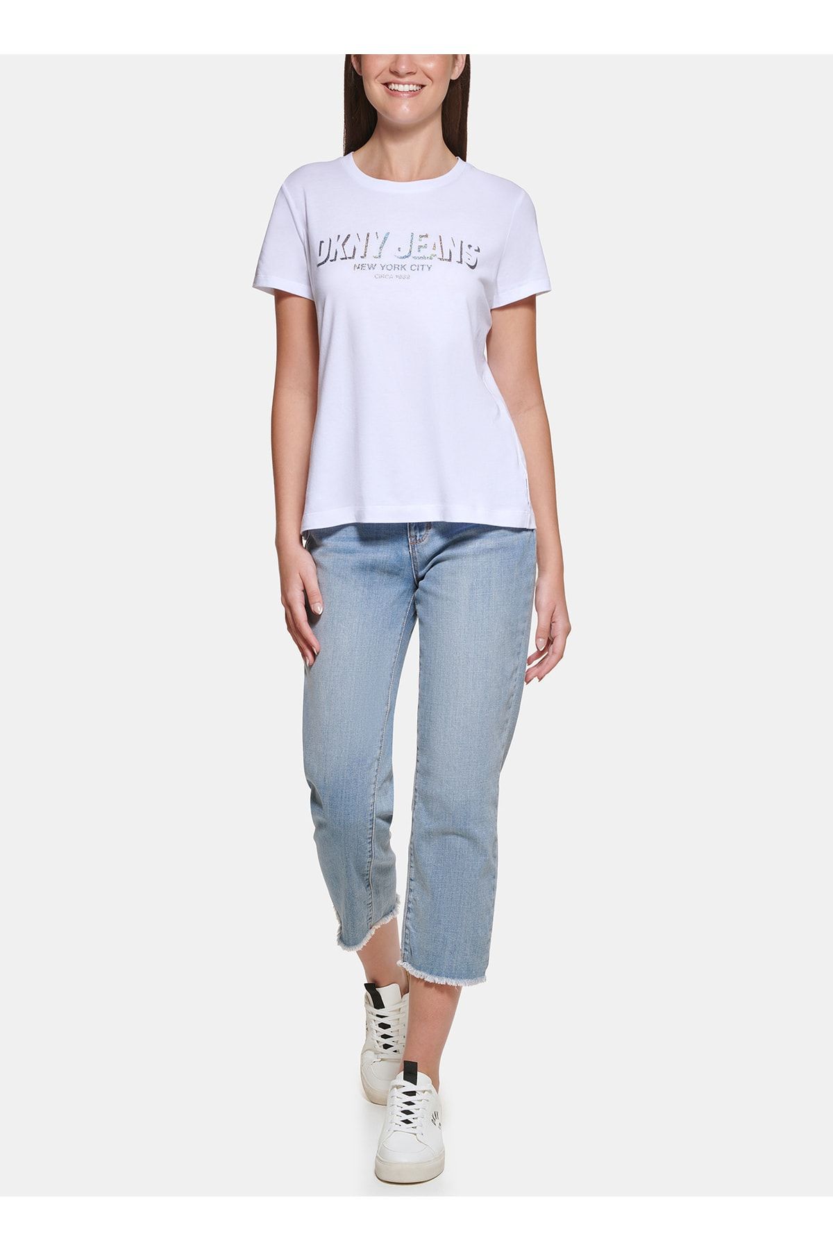 Dkny Jeans Bisiklet Yaka Baskılı Beyaz Kadın T-shirt E22fbdna