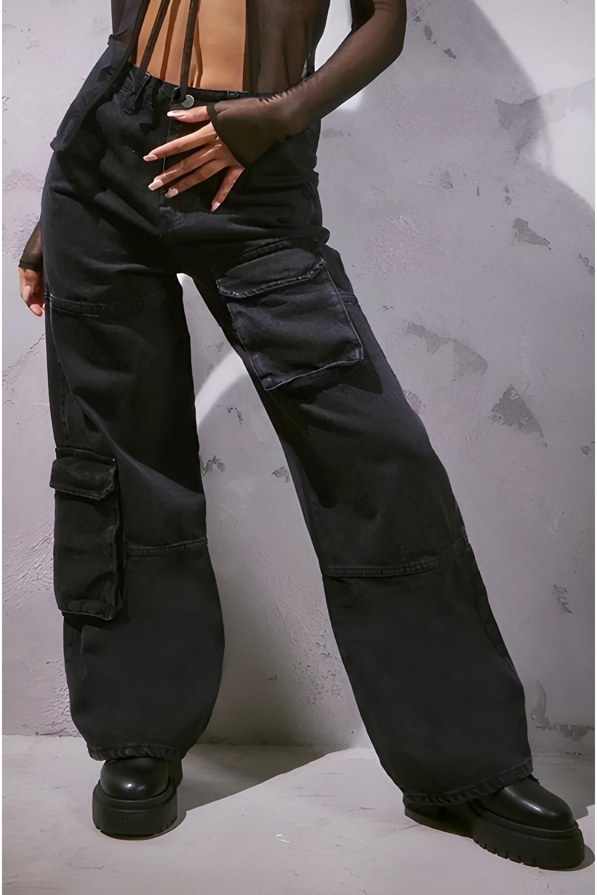 Touz Gothic Recycled Black Cargo Pocket Wide Leg Jean Pantolon Kargo