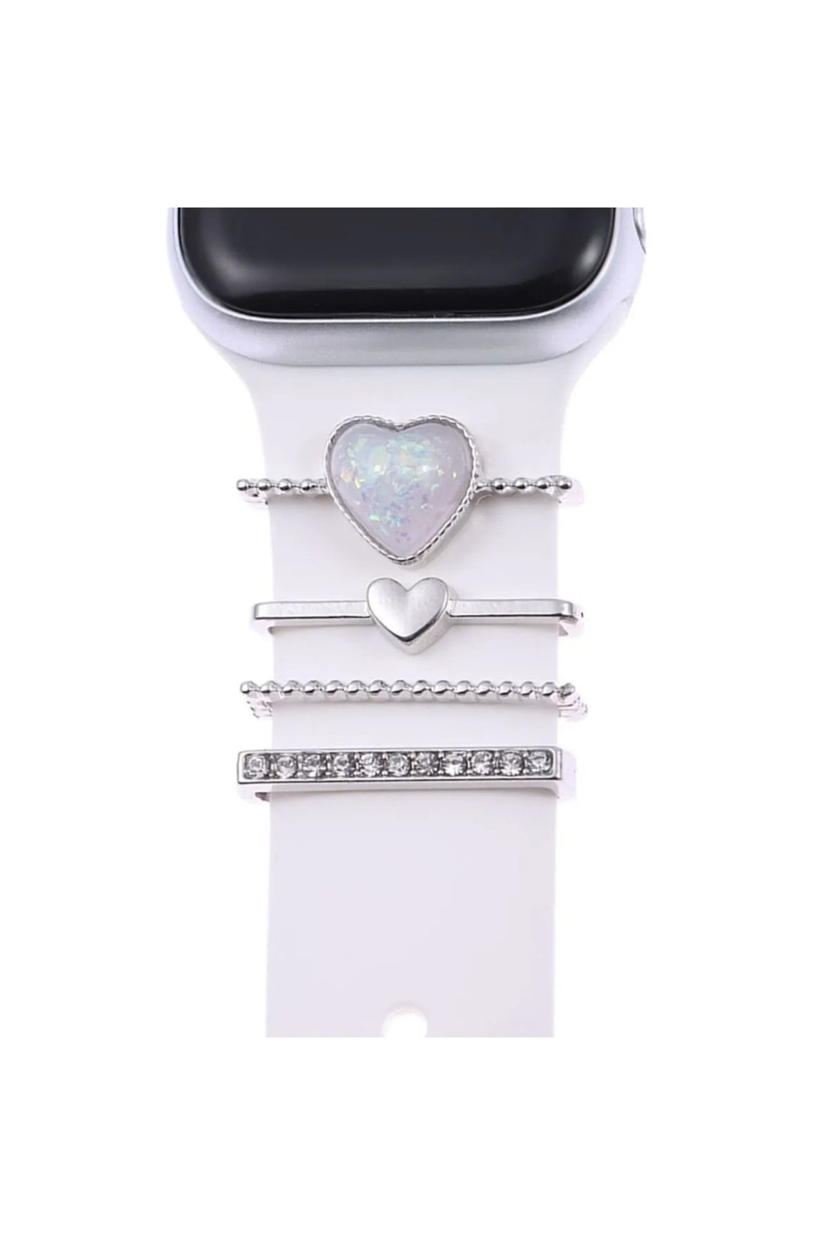 Microsonic Apple Watch Se 2022 44mm Kordon Süsü Charm Inci Kalp Gümüş