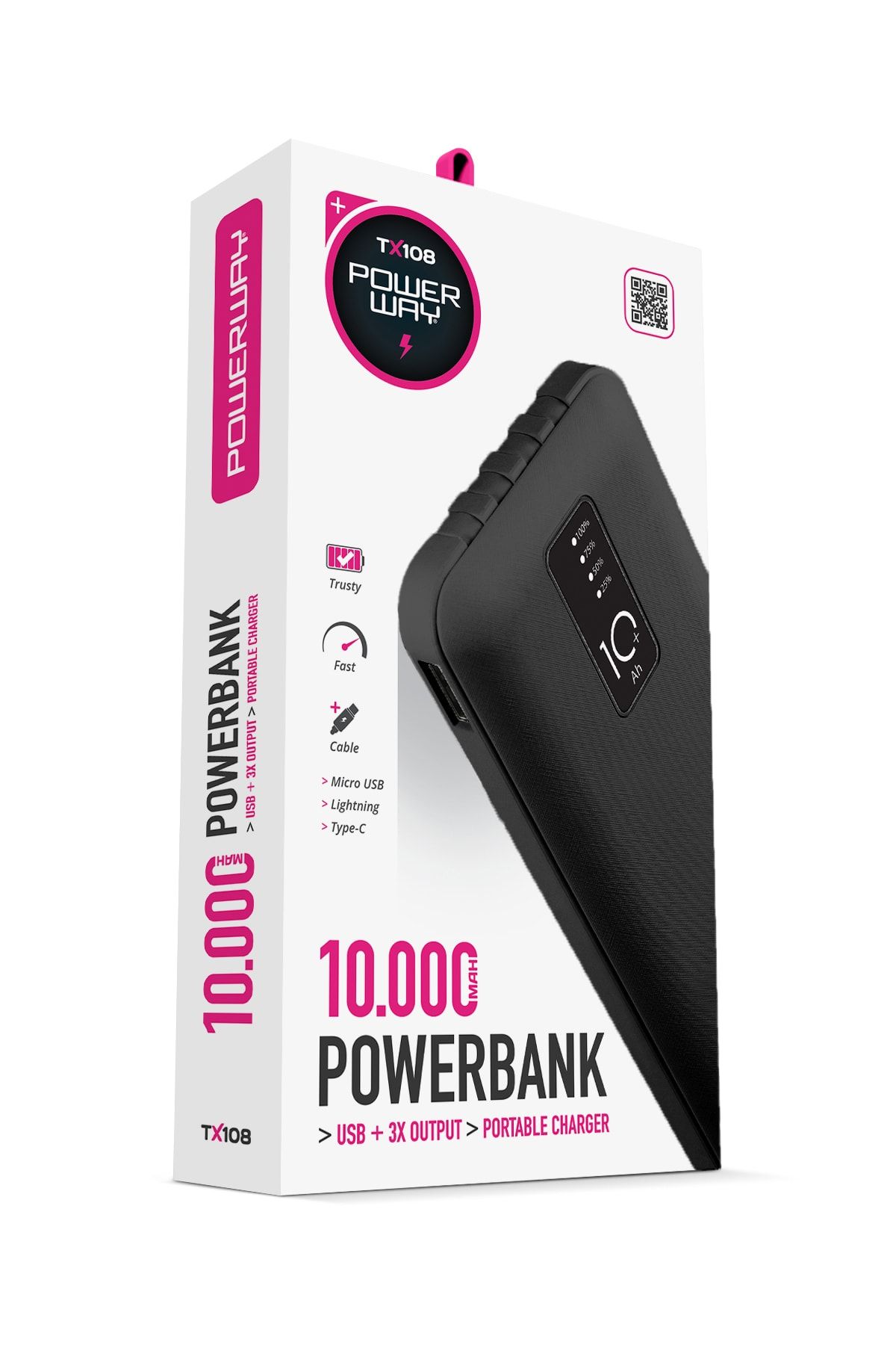 Powerway 10.000 Mah Kablolu Dijital Göstergeli Gerçek 10.000 Mah Garantili Ince Tasarım Tx108 Siyah Powerbank