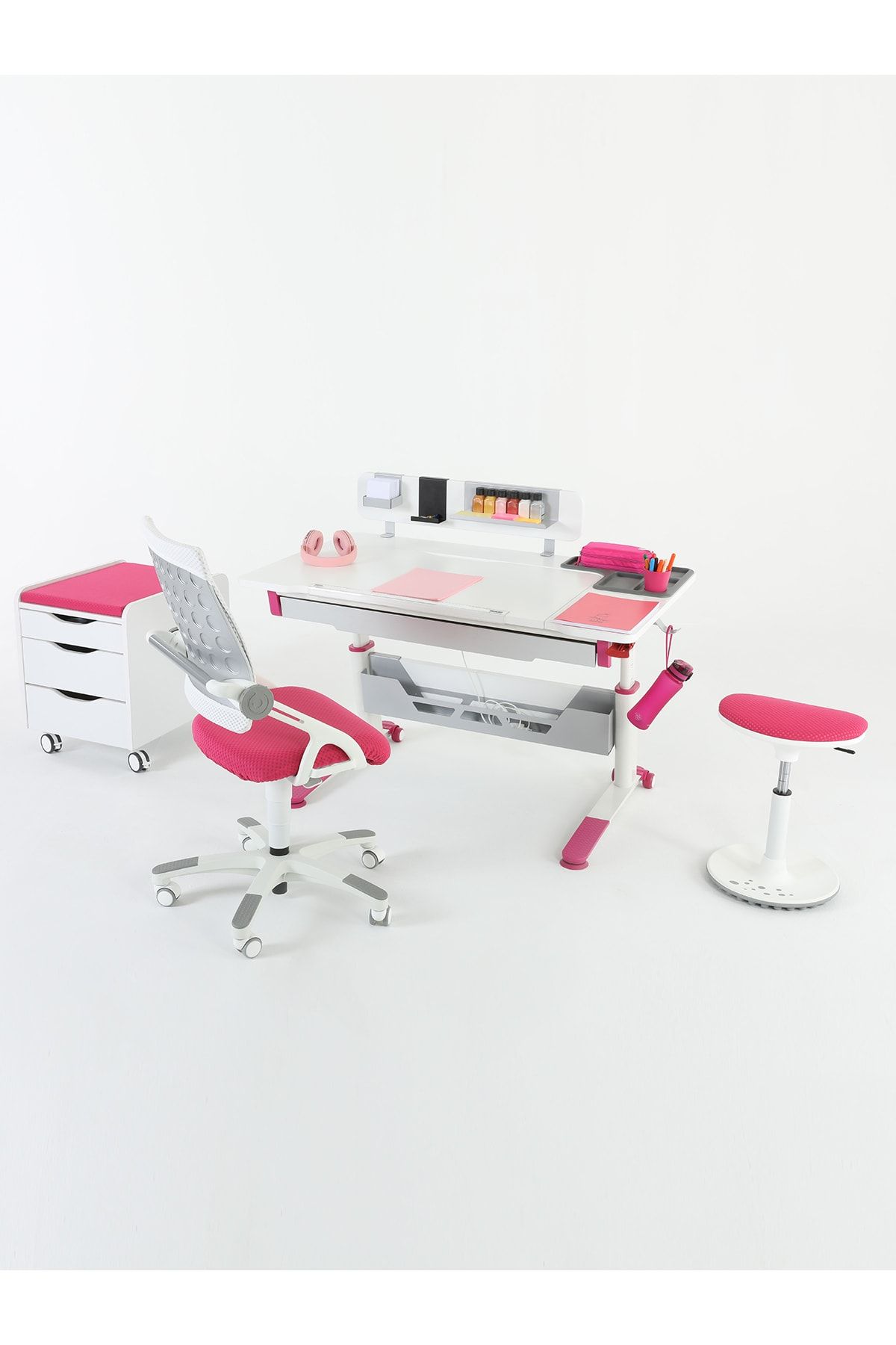 Creo Mobili Sirius Premium Kız Çocuk Çalışma Masası Sandalye Keson Puf - Beyaz/fuşya