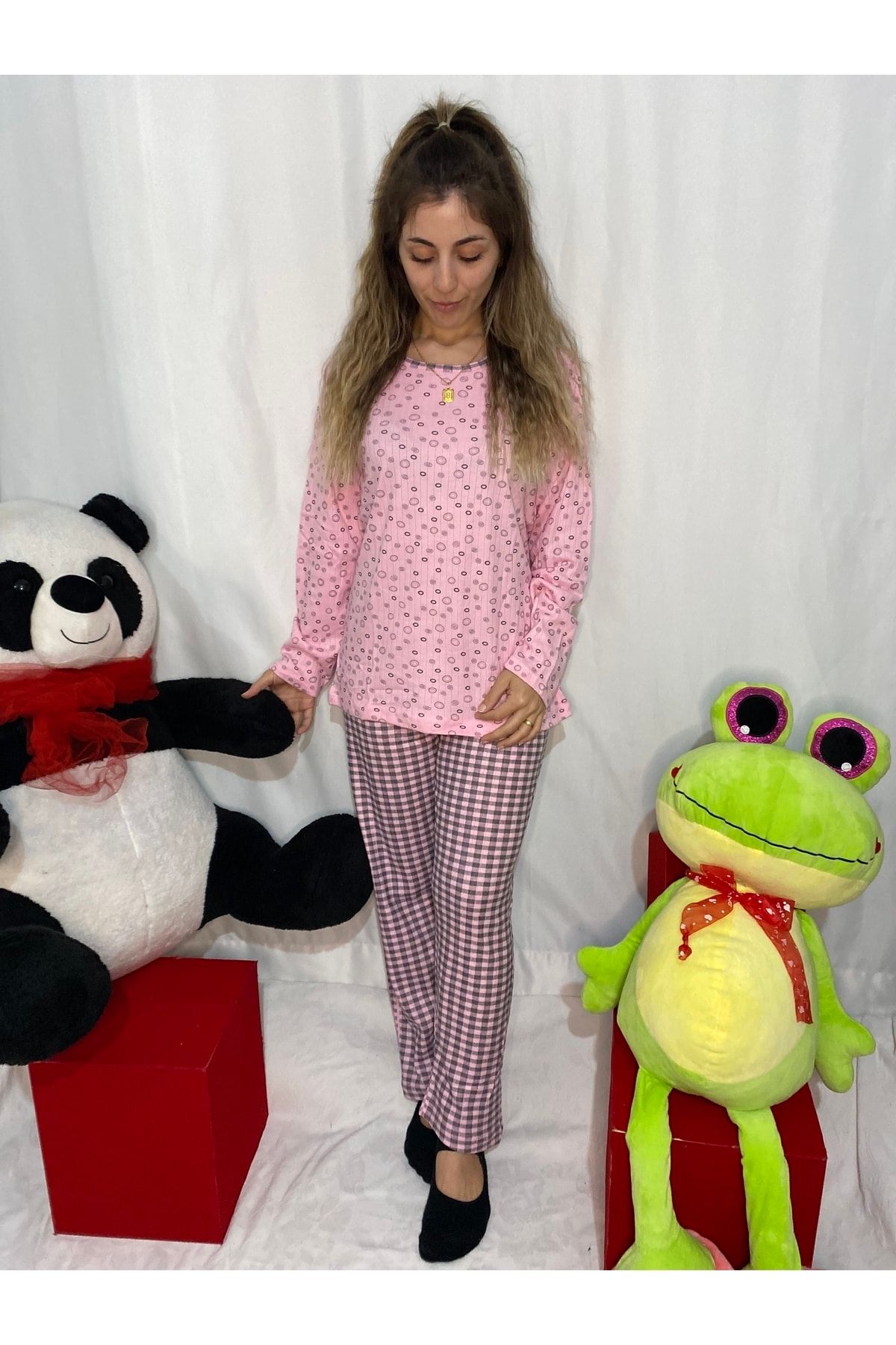 CARMEN Pembe Renk Yuvarlak Kare Desenli Penye Pijama Takımı