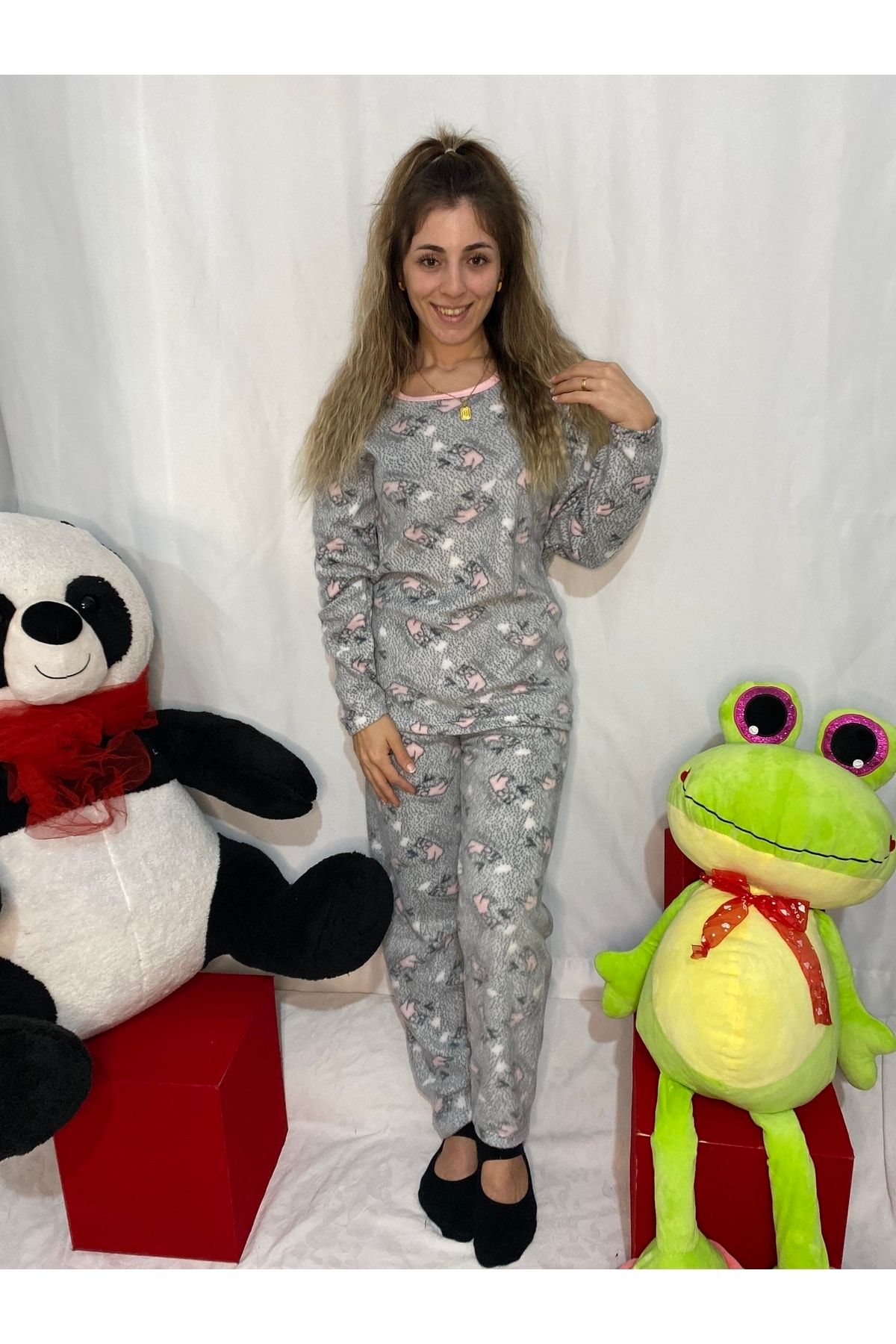 CARMEN Gri Renk Desenli Polar Pijama Takımı