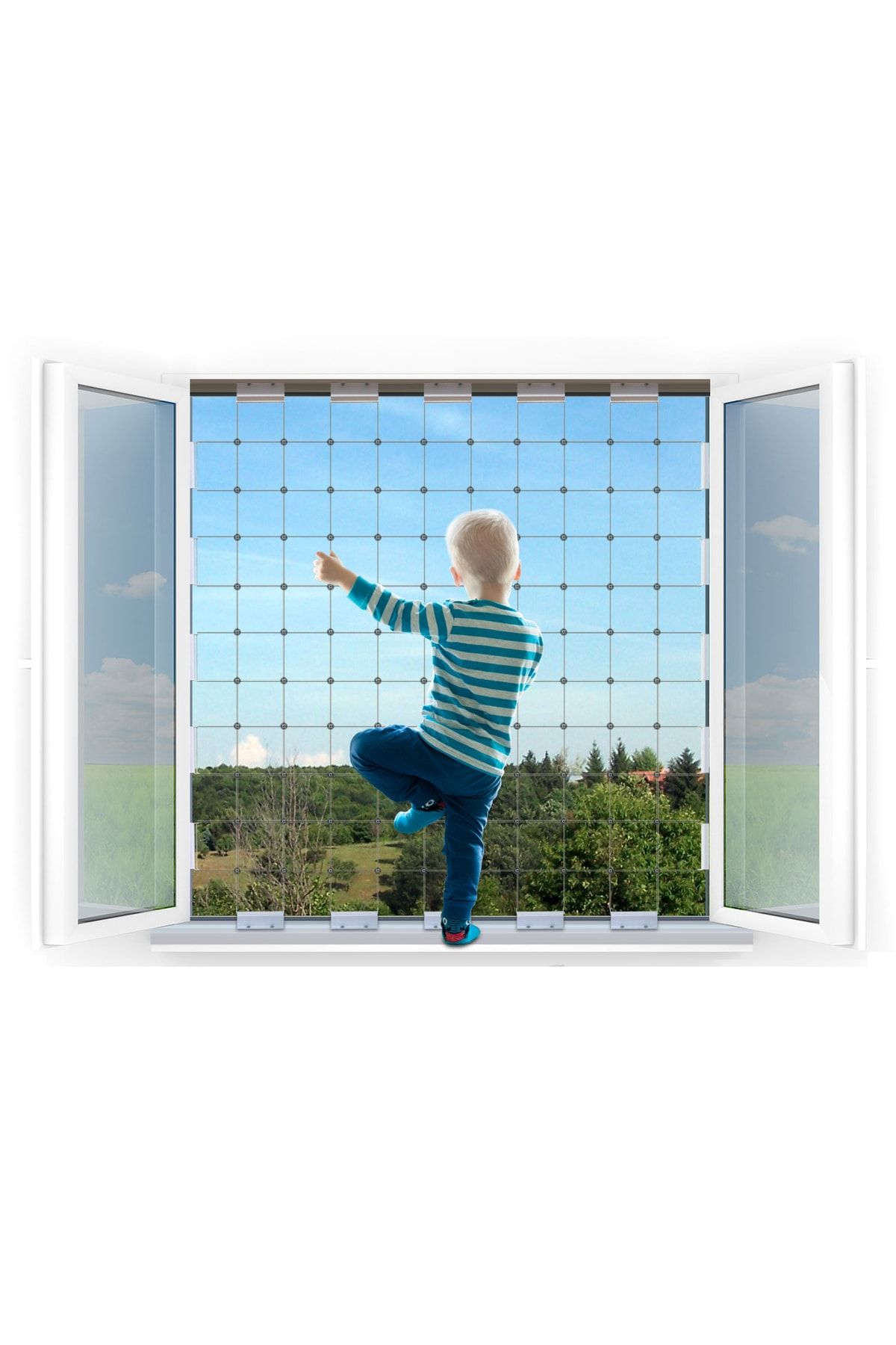 WINBLOCK BÜYÜK BOY (60x140 cm) - Çocuklar için Pencere Çelik Güvenlik Ağı - Yeni Nesil Korkuluk -BEYAZ PROFİL