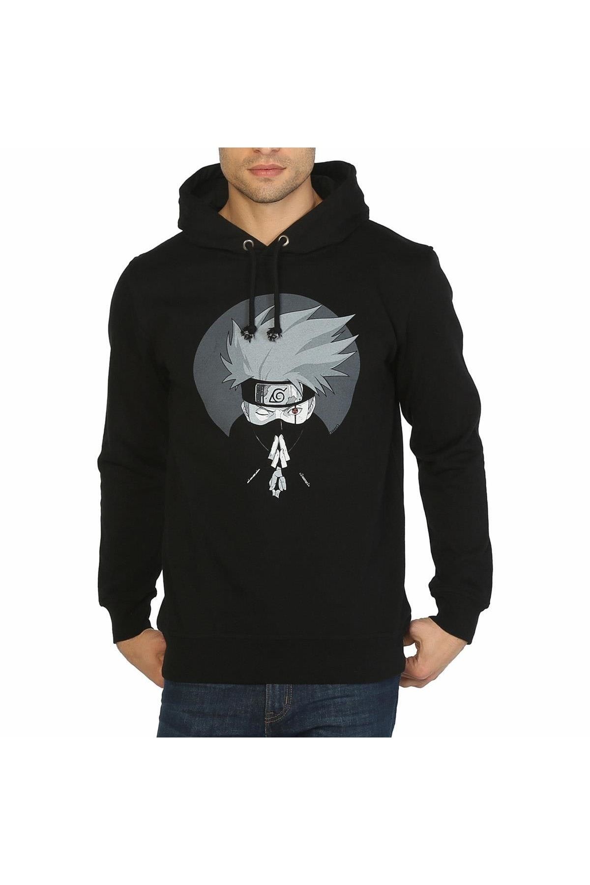 Bant Giyim - Naruto Kakashi Siyah Kapşonlu Erkek Sweatshirt