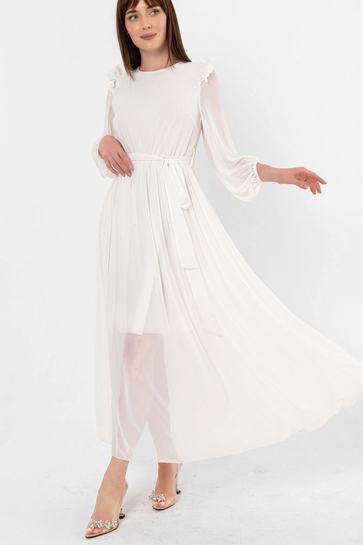 Laranor Ecru Prenses Kol Kuşaklı Şifon Elbise