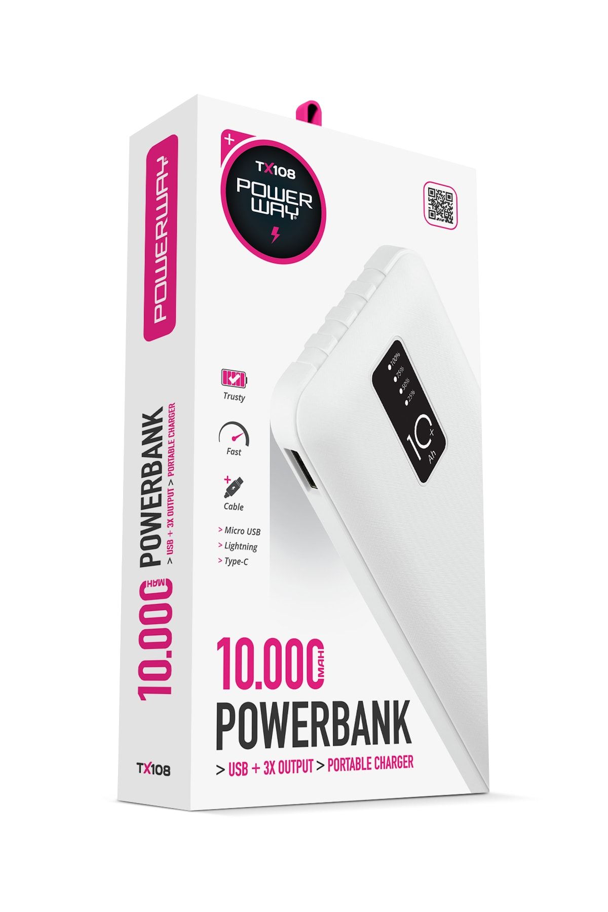 Powerway 10.000 Mah Kablolu Dijital Göstergeli Gerçek 10.000 Mah Garantili Ince Tasarım Tx108 Beyaz Powerbank