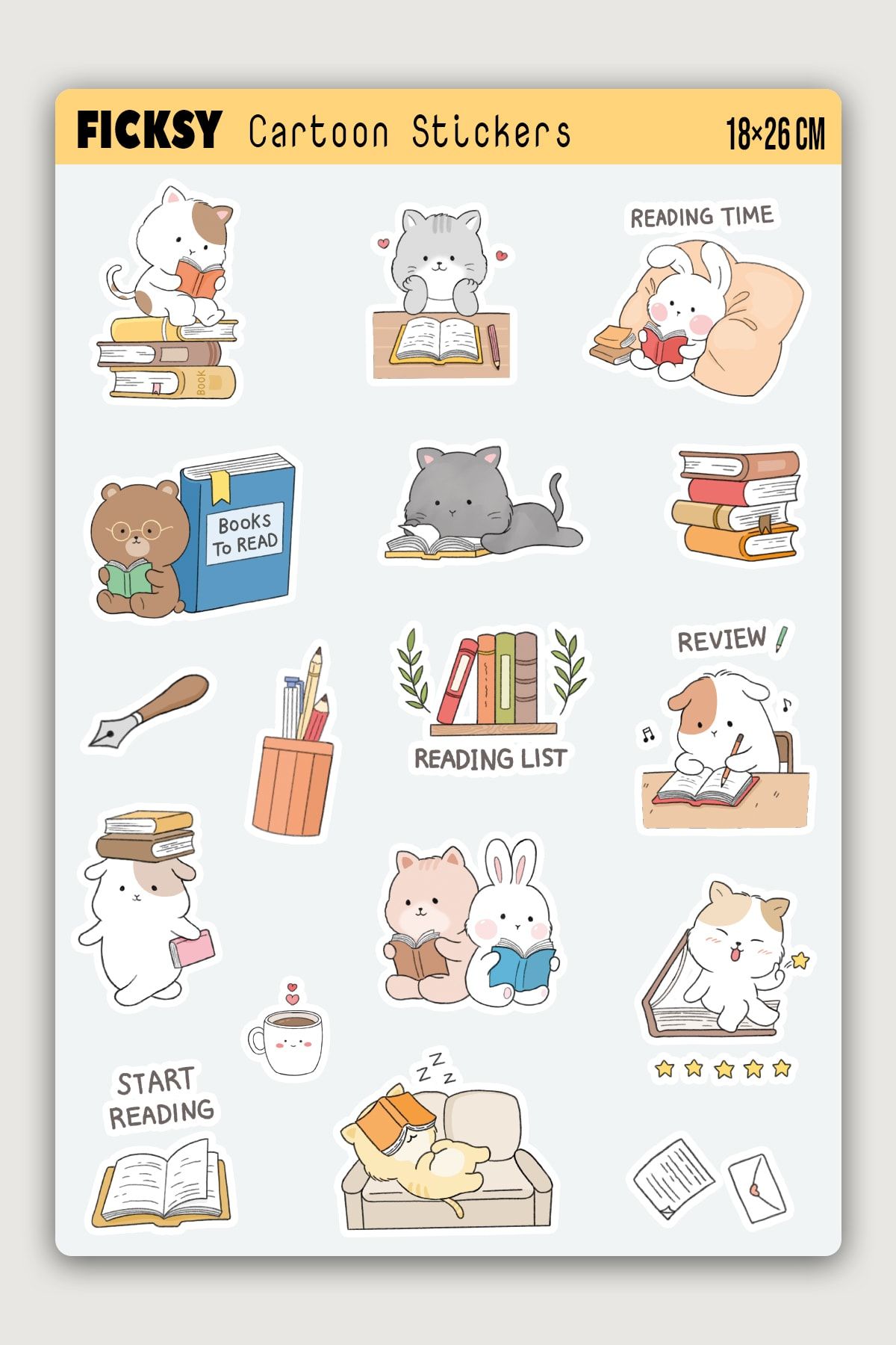 Ficksy Kawaii Stili Sevimli Hayvanlar Kitap Tutkunu Temalı Sticker Seti - 17 Adet Etiket Çıkartma