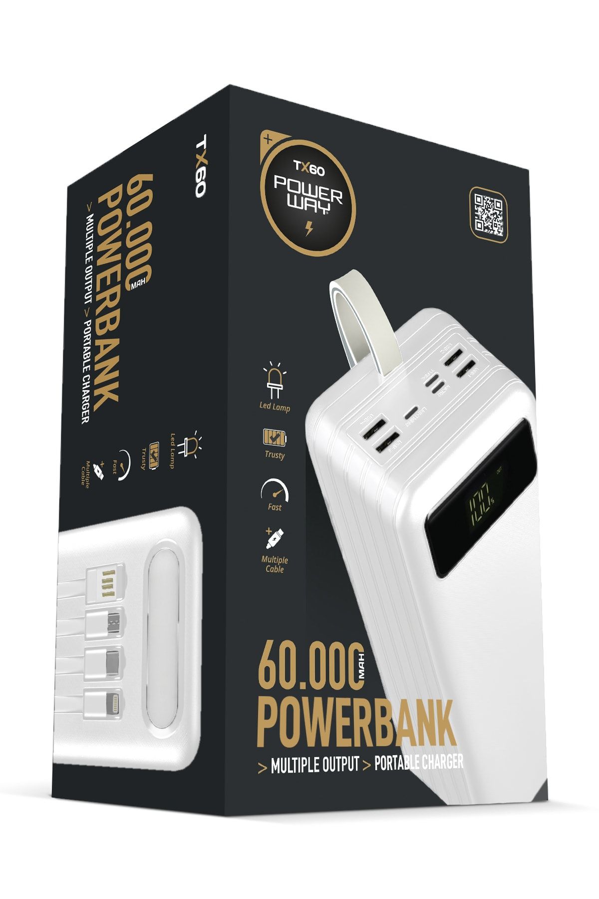 Powerway 60.000 Mah Kablolu Dijital Göstergeli Gerçek 60.000 Mah Garantili Işıklı Kamp Tx60 Beyaz Powerbank