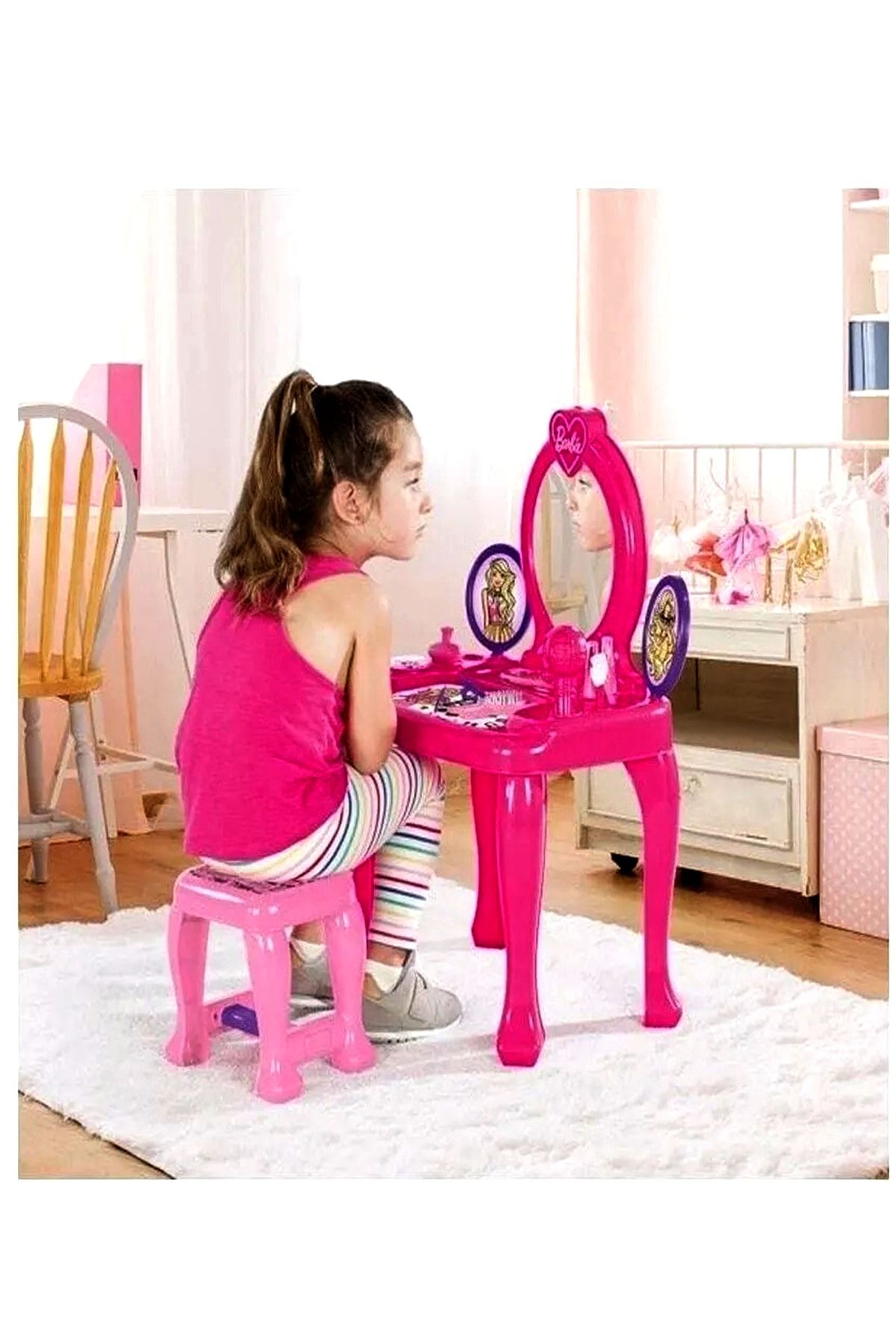 SAZE Yılbaşı Fırsatları Dolu Barbie Ayaklı Makyaj Masası Ve Sandalye Seti