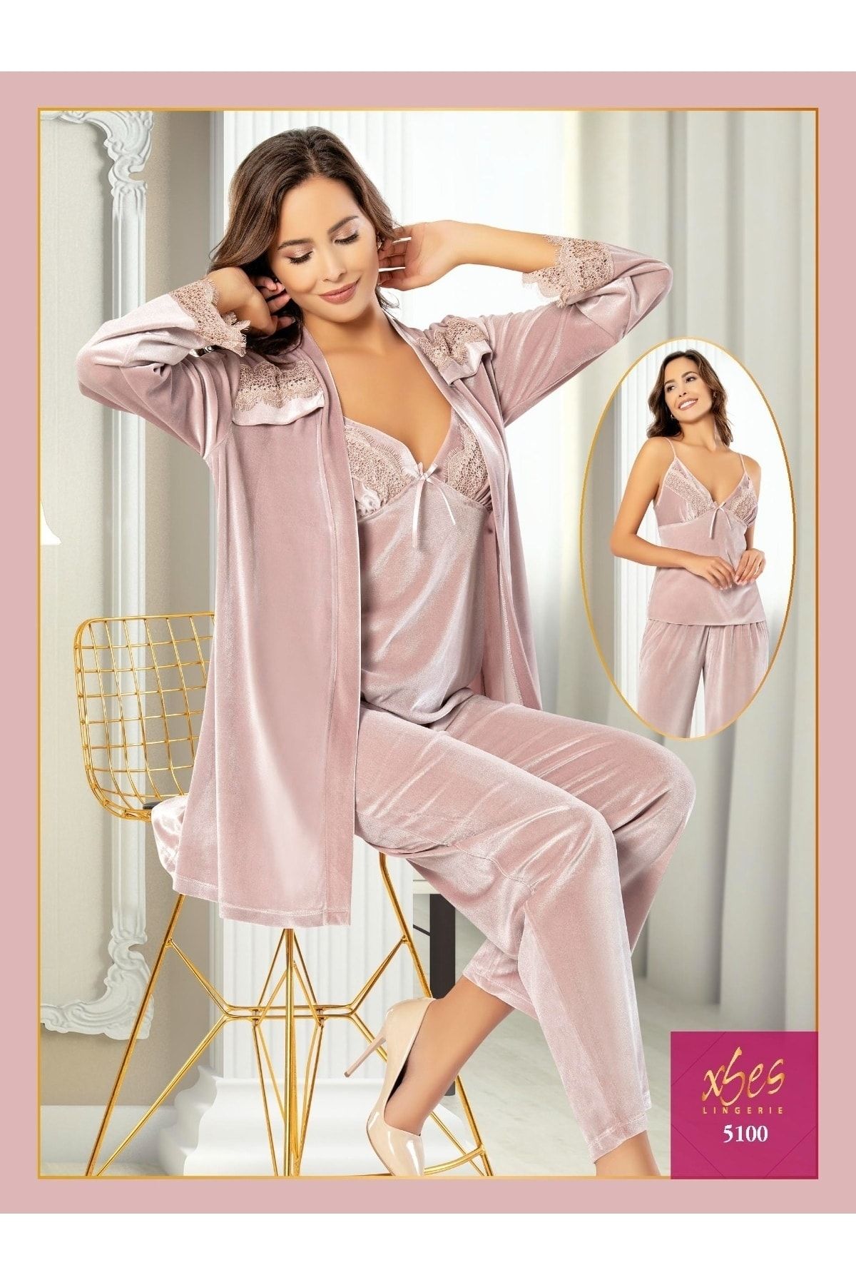 Xses Kadife Üçlü Pijama Seti, 5100