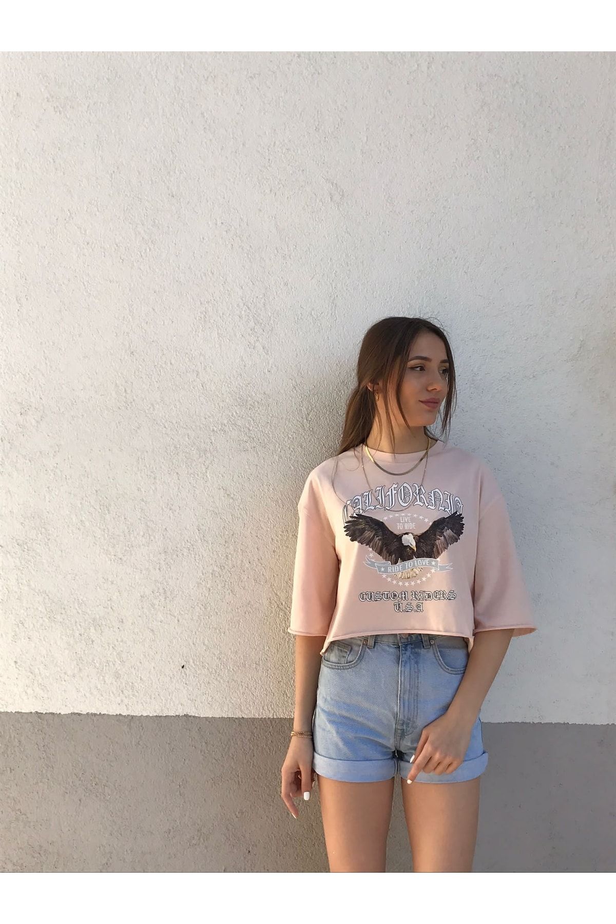 ENZO Kadın Pudra Baskılı Desenli Calıfornia Yarım Kol Crop T-shirt
