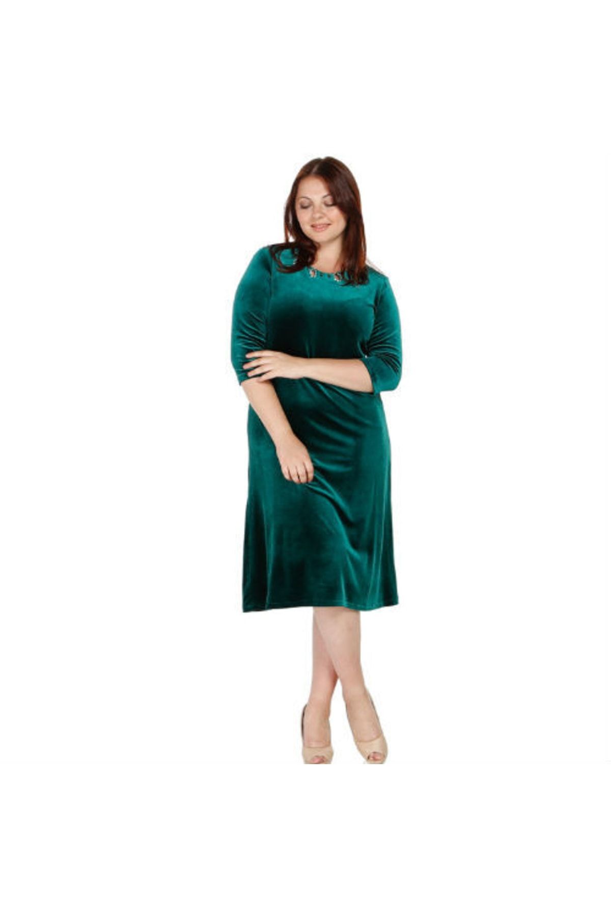 Nidya Moda Kadın Yeşil Taş İşli Kadife Abiye Elbise 4072AY