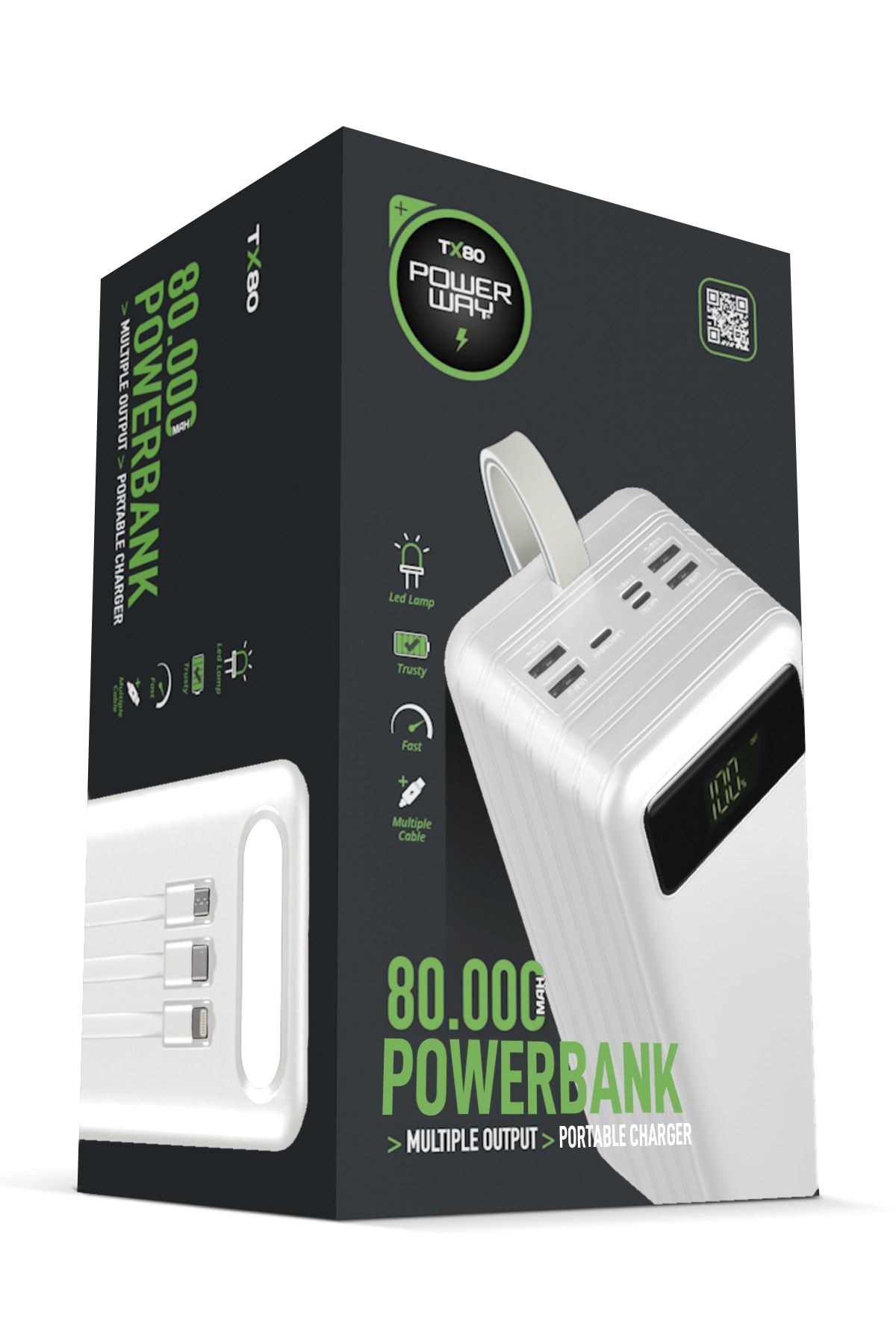 Powerway 80.000 Mah Kablolu Dijital Göstergeli Gerçek 80.000 Mah Garantili Işıklı Kamp Tx80 Beyaz Powerbank
