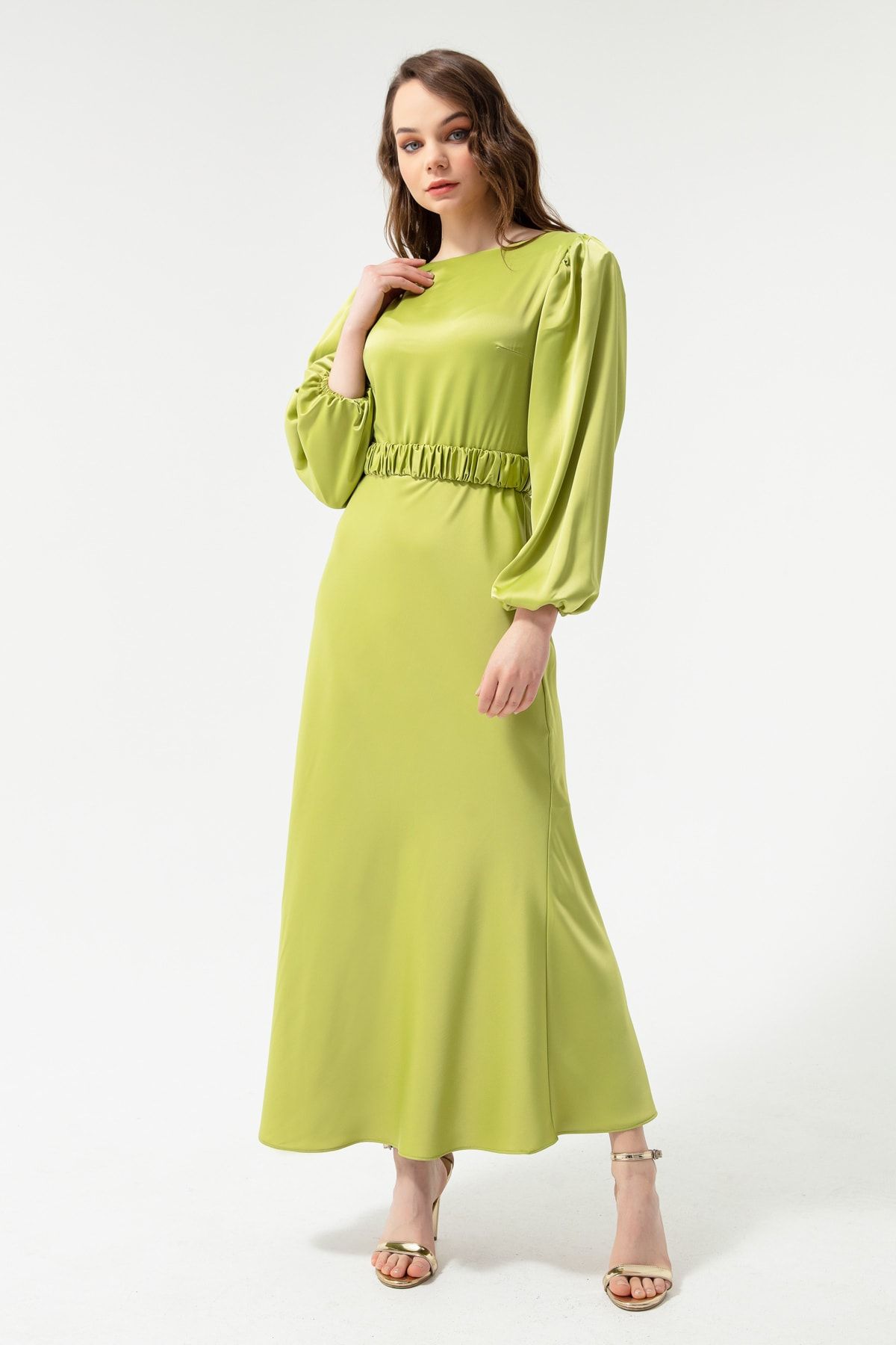 Lafaba Kadın Fıstık Yeşili Uzun Balon Kollu Nişan Elbisesi