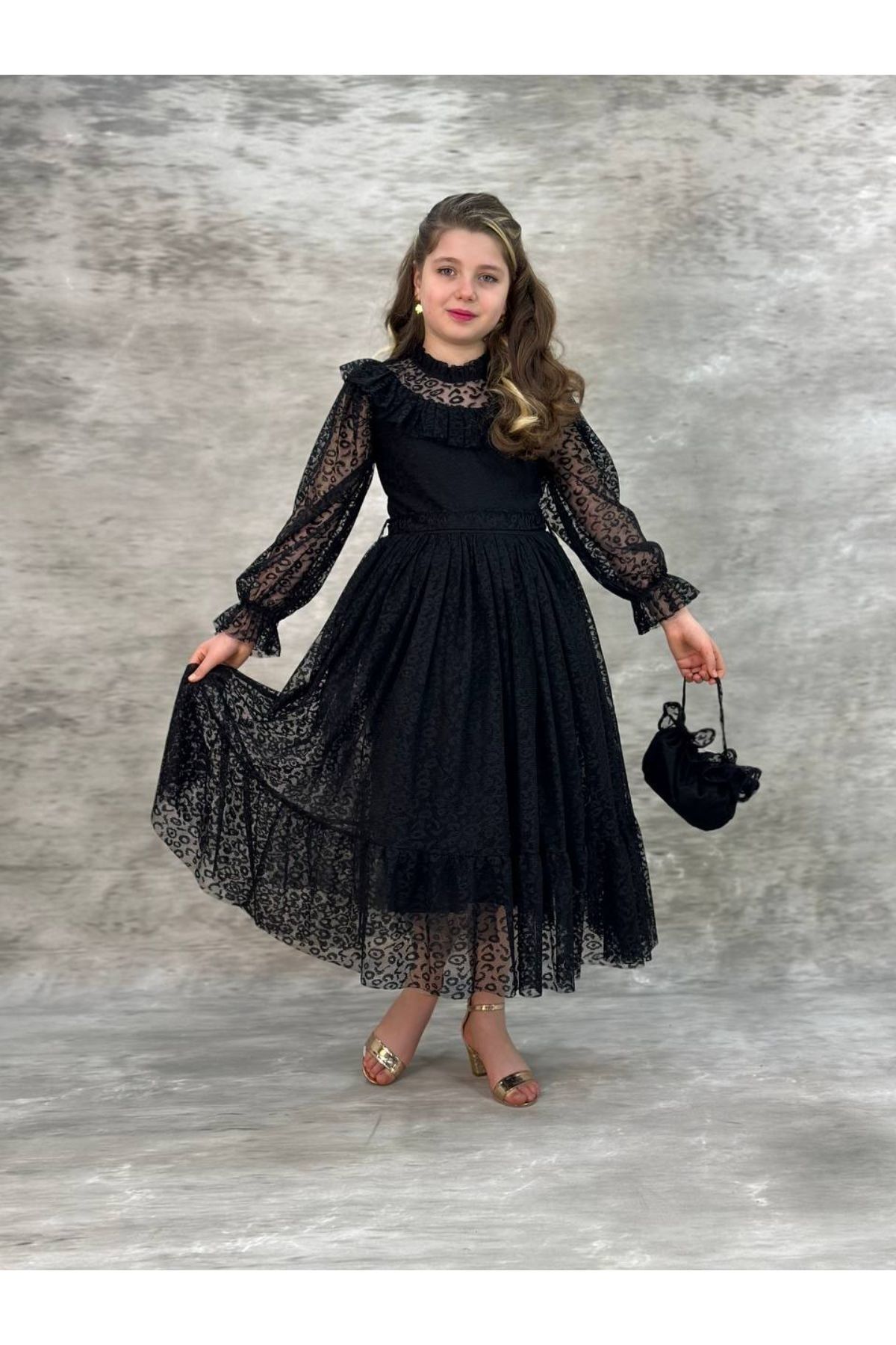 Pumpido Uzun Kollu Nisa Model Kız Çocuk Elbise