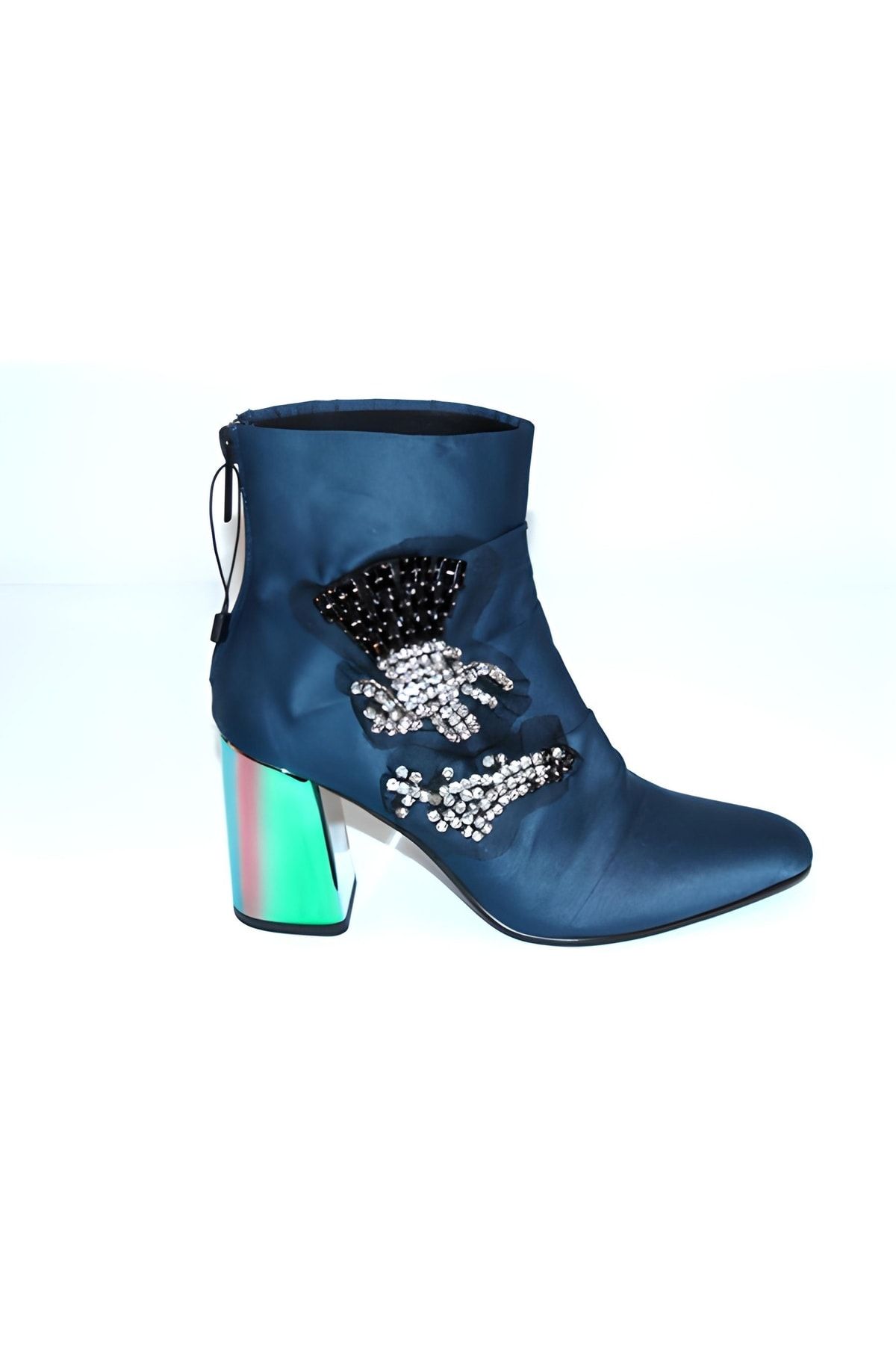 Karnaval Ayakkabı Alçak Topuk Indigo Mavi Deri Siyah-gümüş Taşlı Günlük Kadın Bot