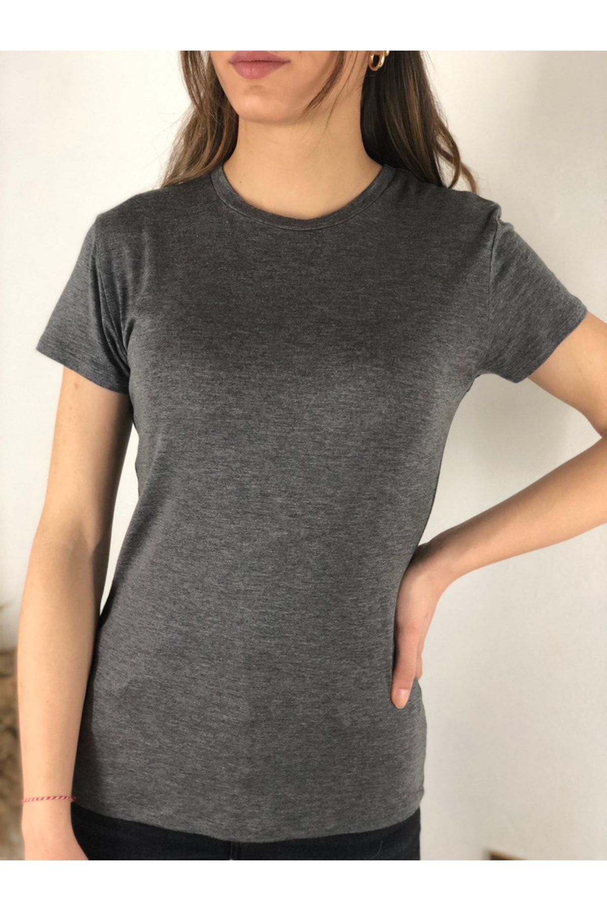 ENZO Kadın Gri Kısa Kollu Basic T-shirt