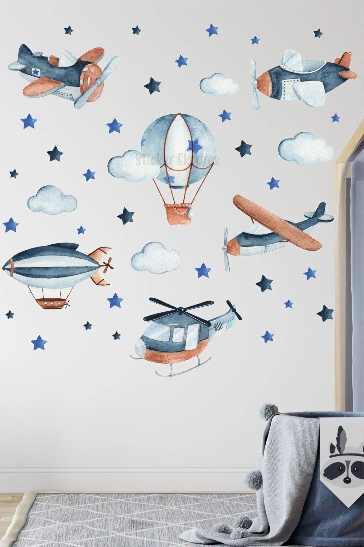 Think And Print Lacivert Mavi Hava Taşıtları Uçak Çocuk Odası Duvar Sticker Seti