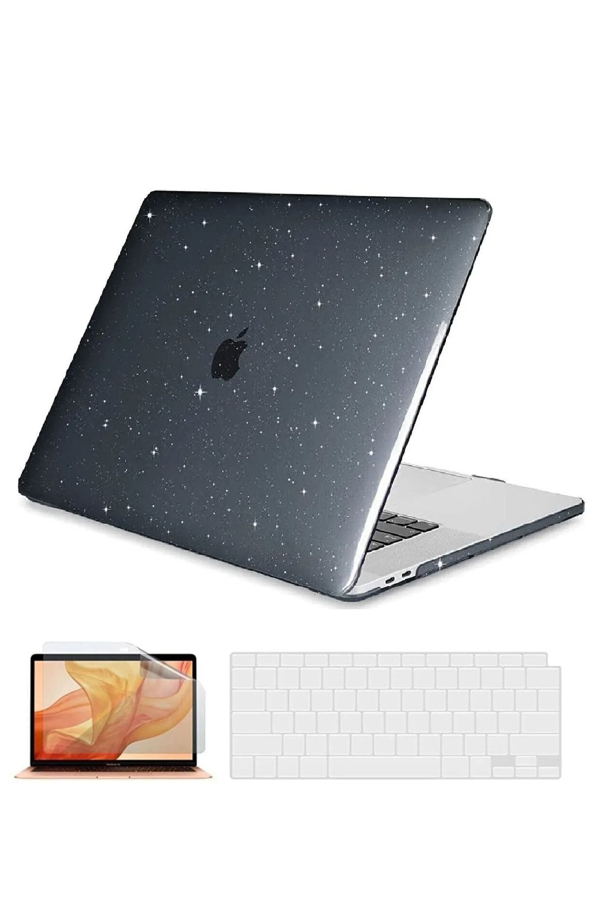 Fibaks Apple Macbook Air 13 M1 Çip 2020 A2337 Simli Siyah Koruma Kapak Ekran Koruyucu Klavye Koruyucu