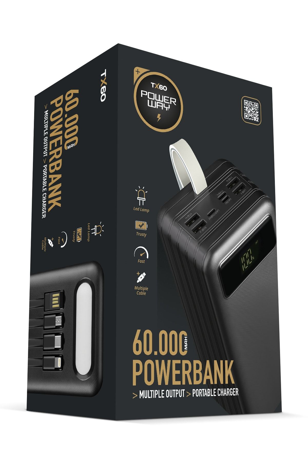 Powerway 60.000 Mah Kablolu Dijital Göstergeli Gerçek 60.000 Mah Garantili Işıklı Kamp Tx60 Siyah Powerbank